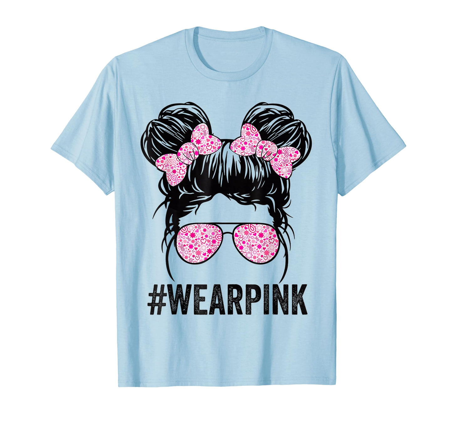 Kid Messy bun glasses wear pink breast cancer awareness T-Shirt