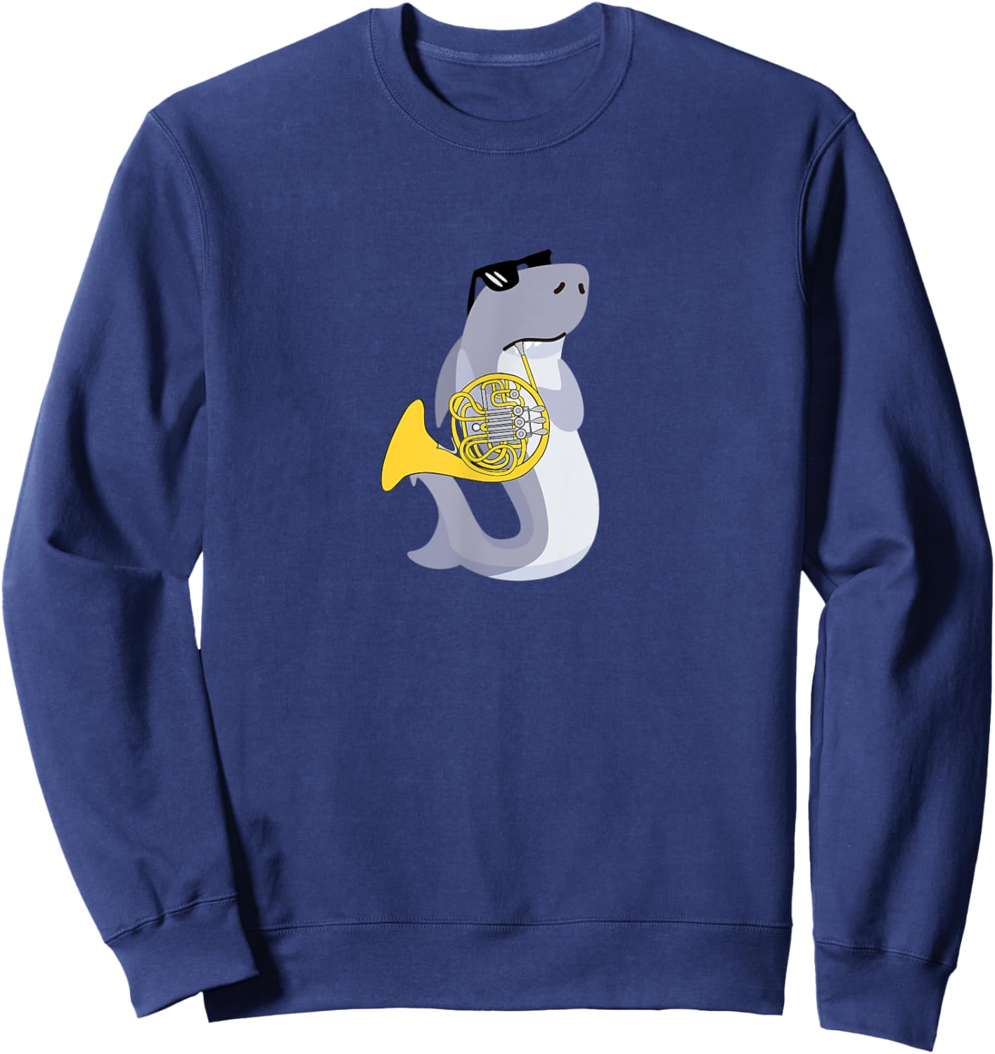 Funny Shark Wearing Sunglasses Playing French Horn Sweatshirt - Sweatshirt | Navy
