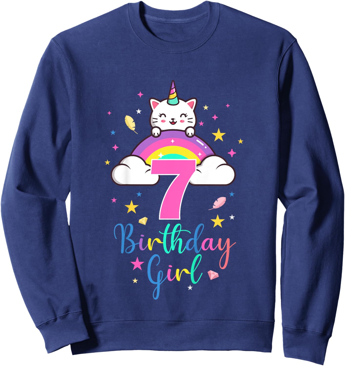 7th Birthday Girl Seven Years Old Birthday Caticorn Rainbow Sweatshirt - Sweatshirt | Navy