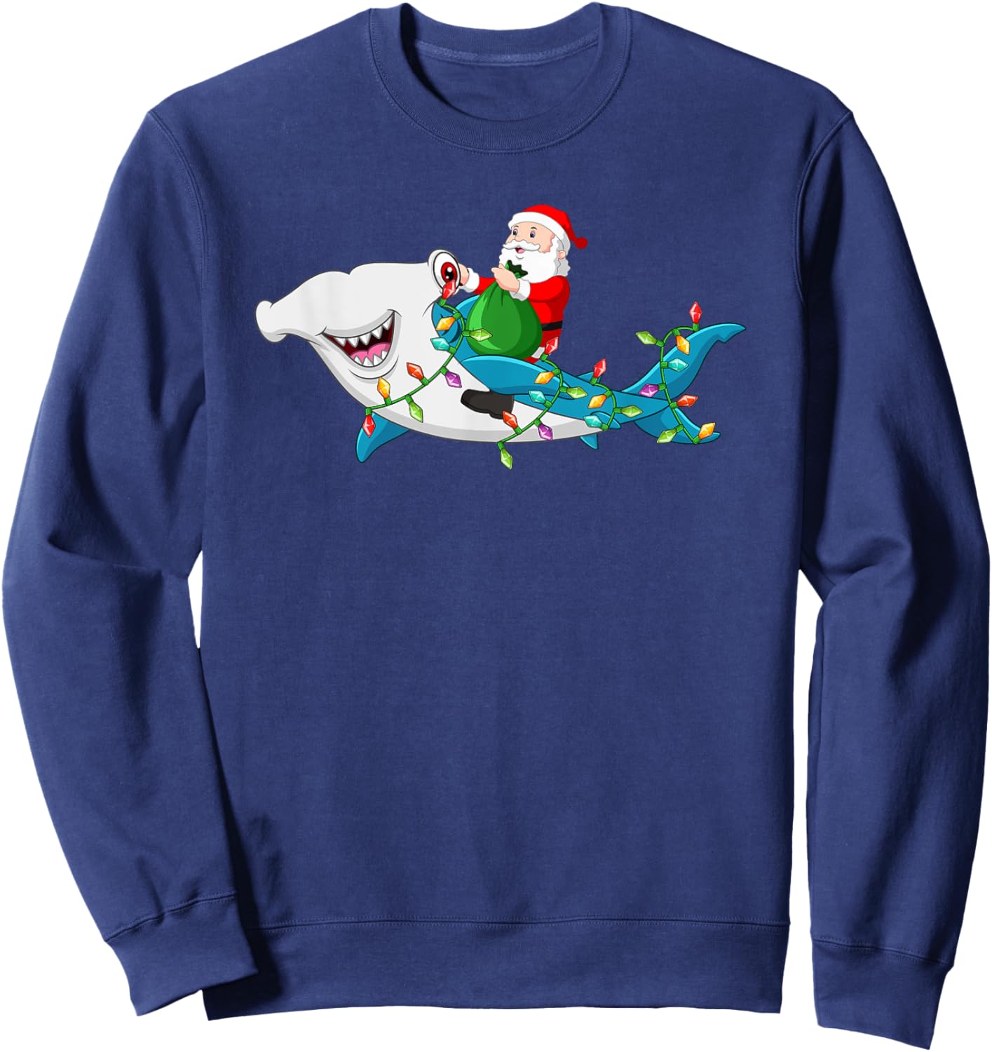 Santa Riding Hammerhead Shark Christmas Light Kids Boys Men Sweatshirt - Sweatshirt | Navy