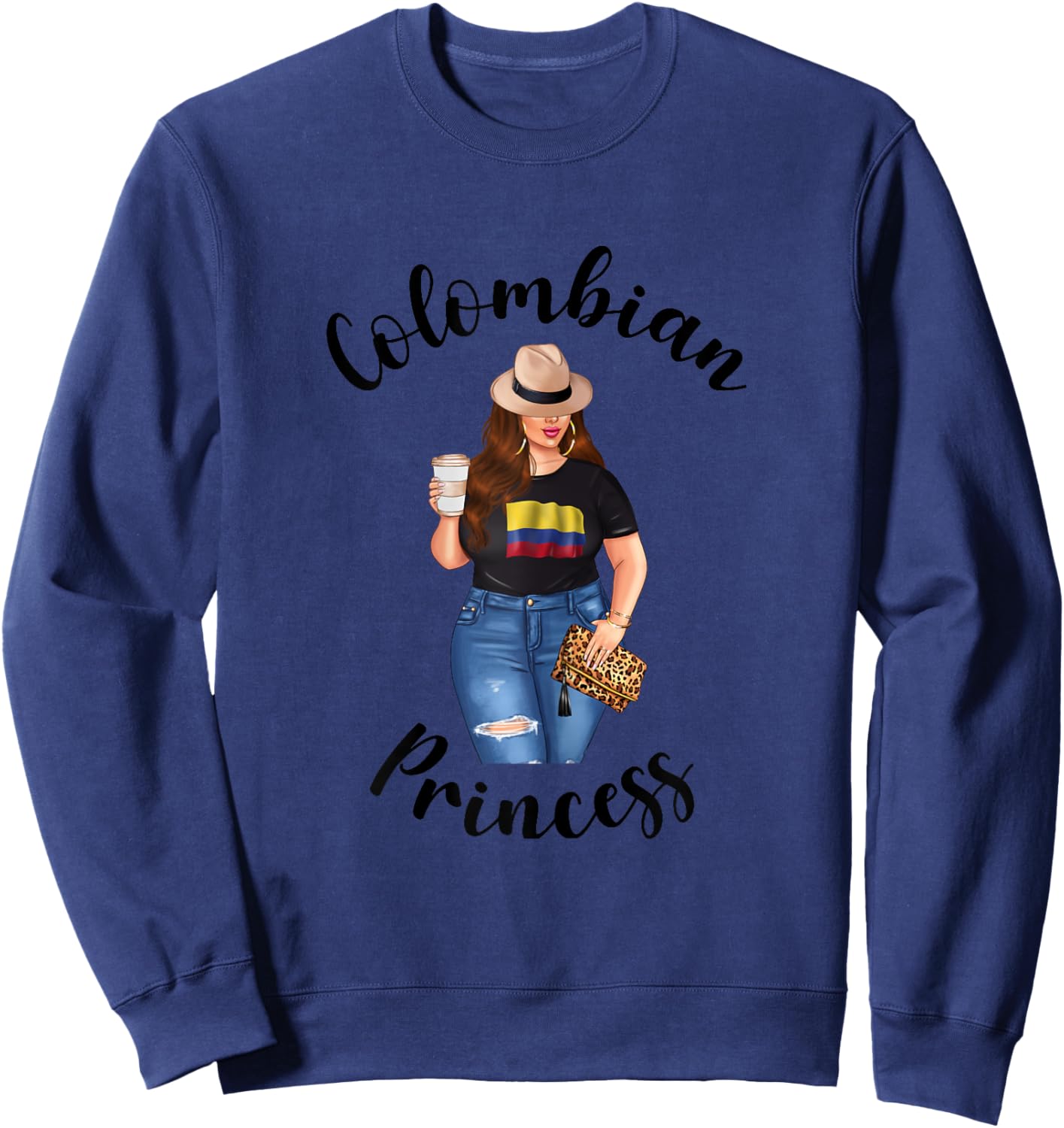 Colombian Princess Woman Colombiana Flag of Colombia Coffee Sweatshirt - Sweatshirt | Navy