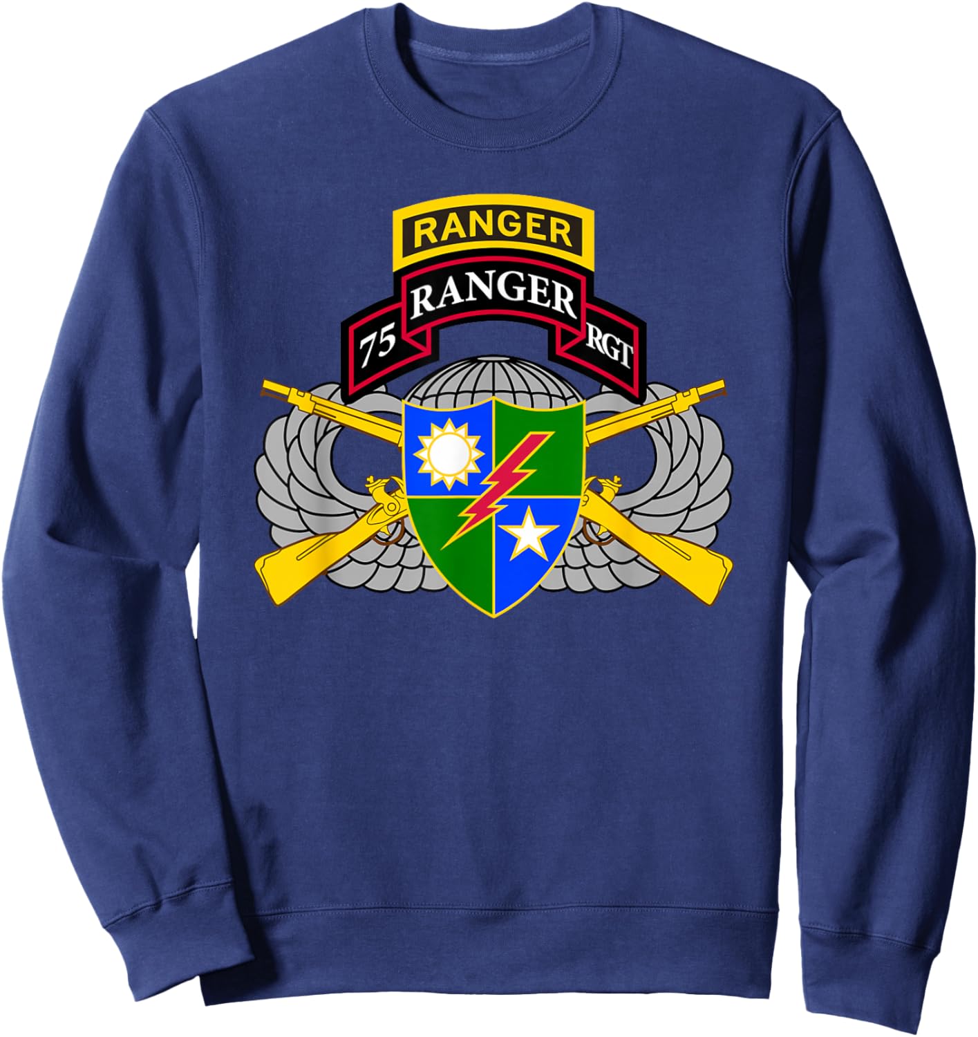 US Army Ranger - 75th Scroll, Tab, Airborne Wings, Rifles Sweatshirt - Sweatshirt | Navy