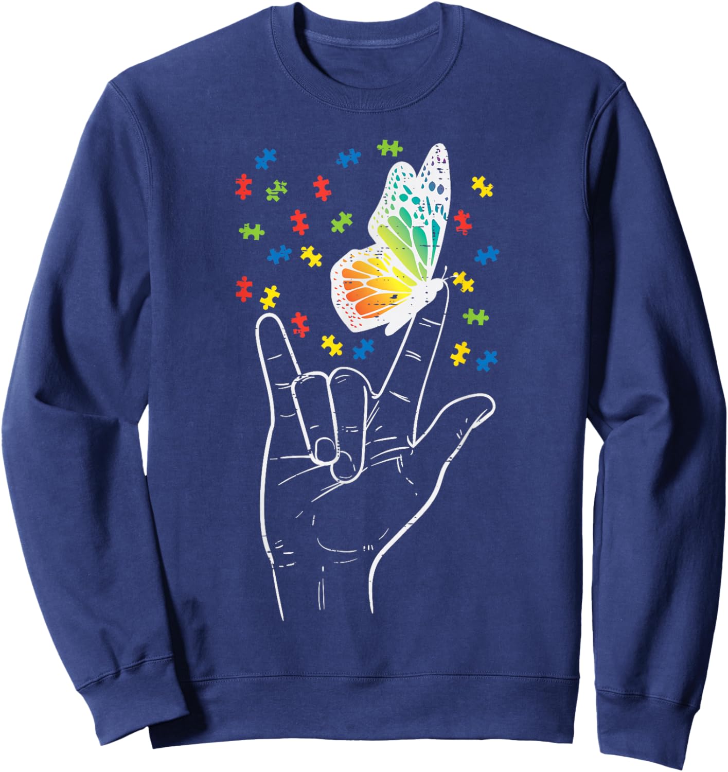 Asl Love Sign Butterfly Puzzle Autism Awareness Sped Teacher Sweatshirt - Sweatshirt | Navy