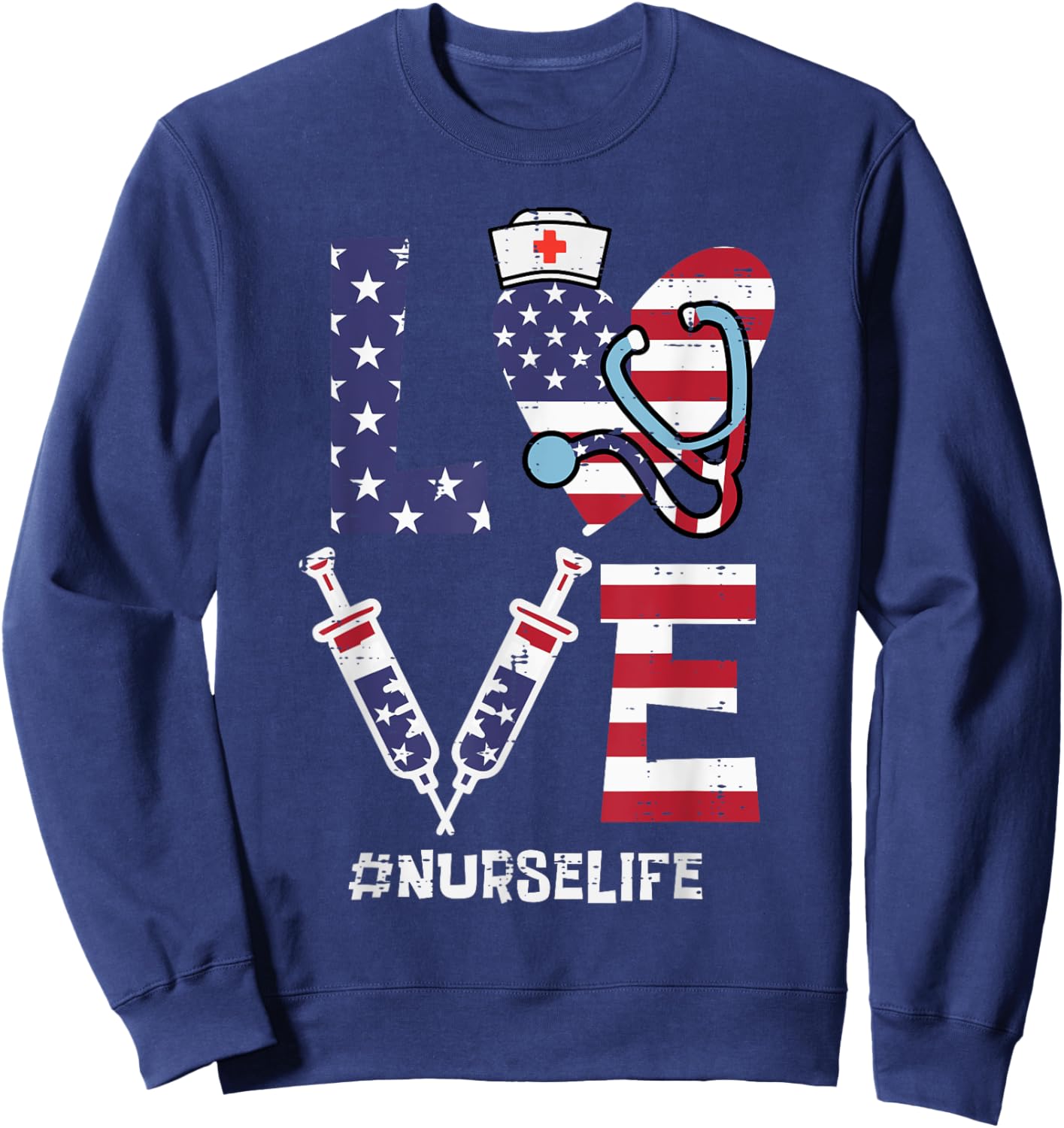 Love Stethoscope Nurse Fourth 4th Of July Nursing Patriot Sweatshirt - Sweatshirt | Navy