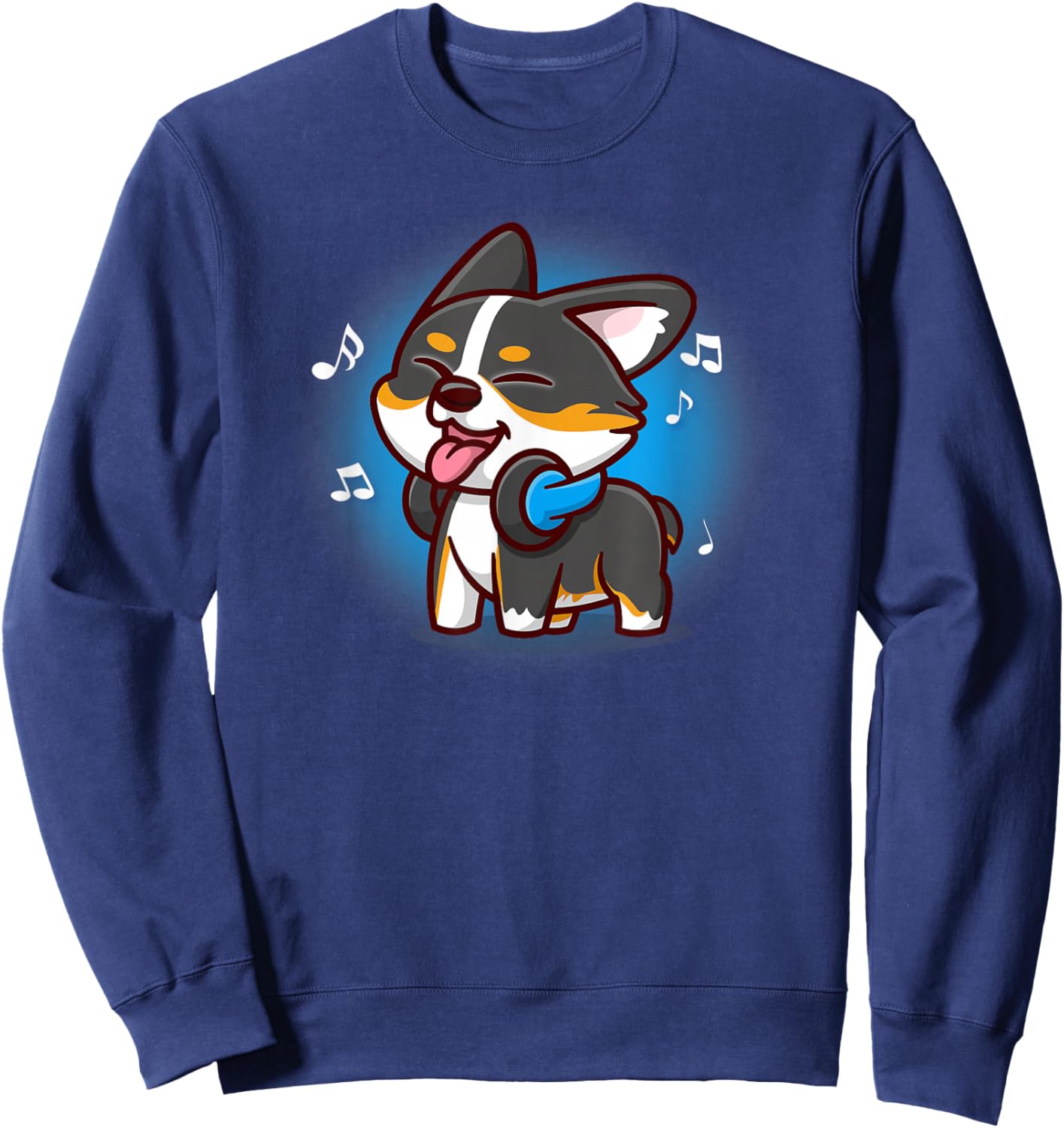 Funny Cute Kawaii Cartoon Music Black Tricolor Corgi Lover Sweatshirt - Sweatshirt | Navy