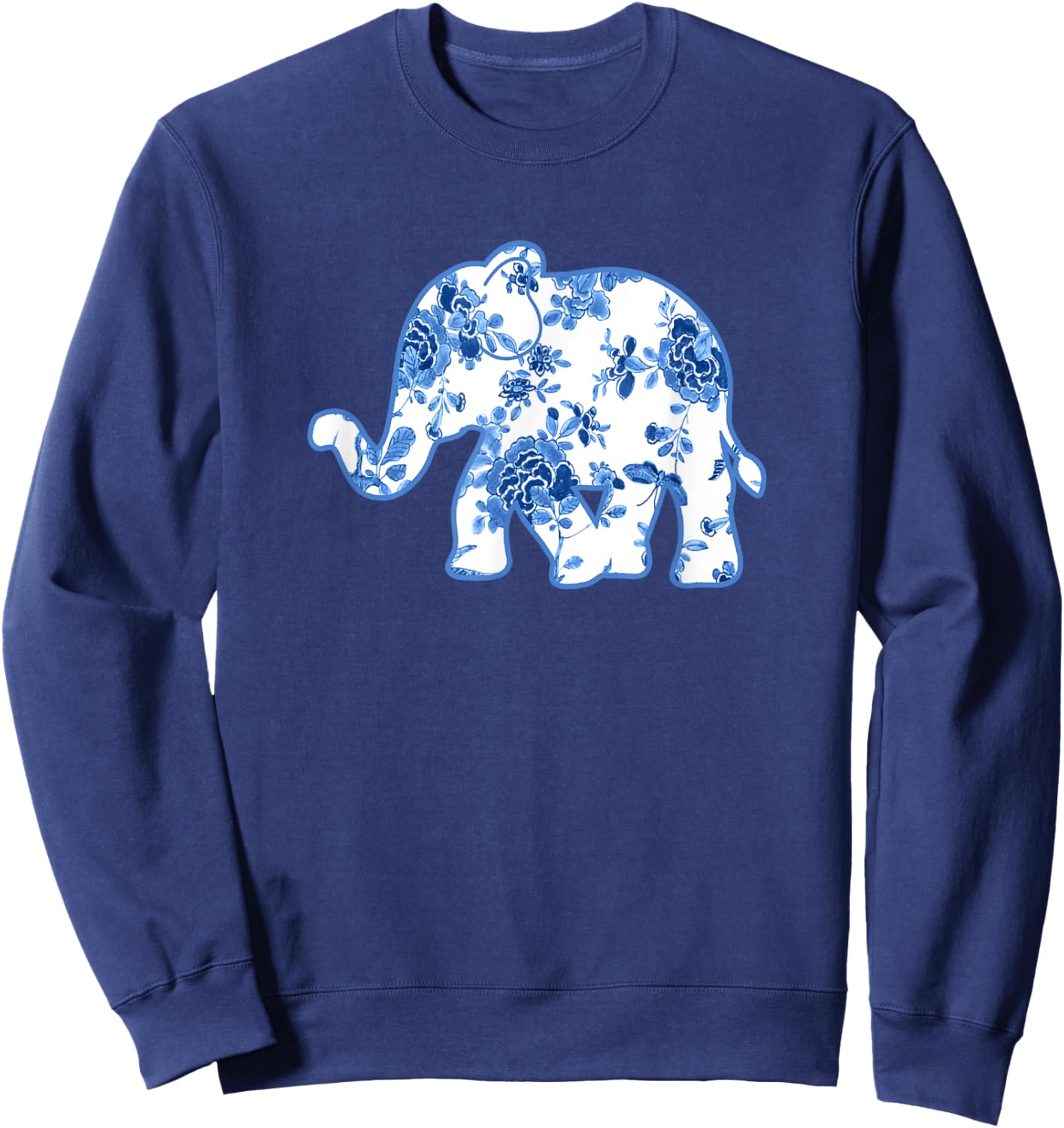 Elephant Chinoiserie Shirt Blue White Floral Pattern Sweatshirt - Sweatshirt | Navy
