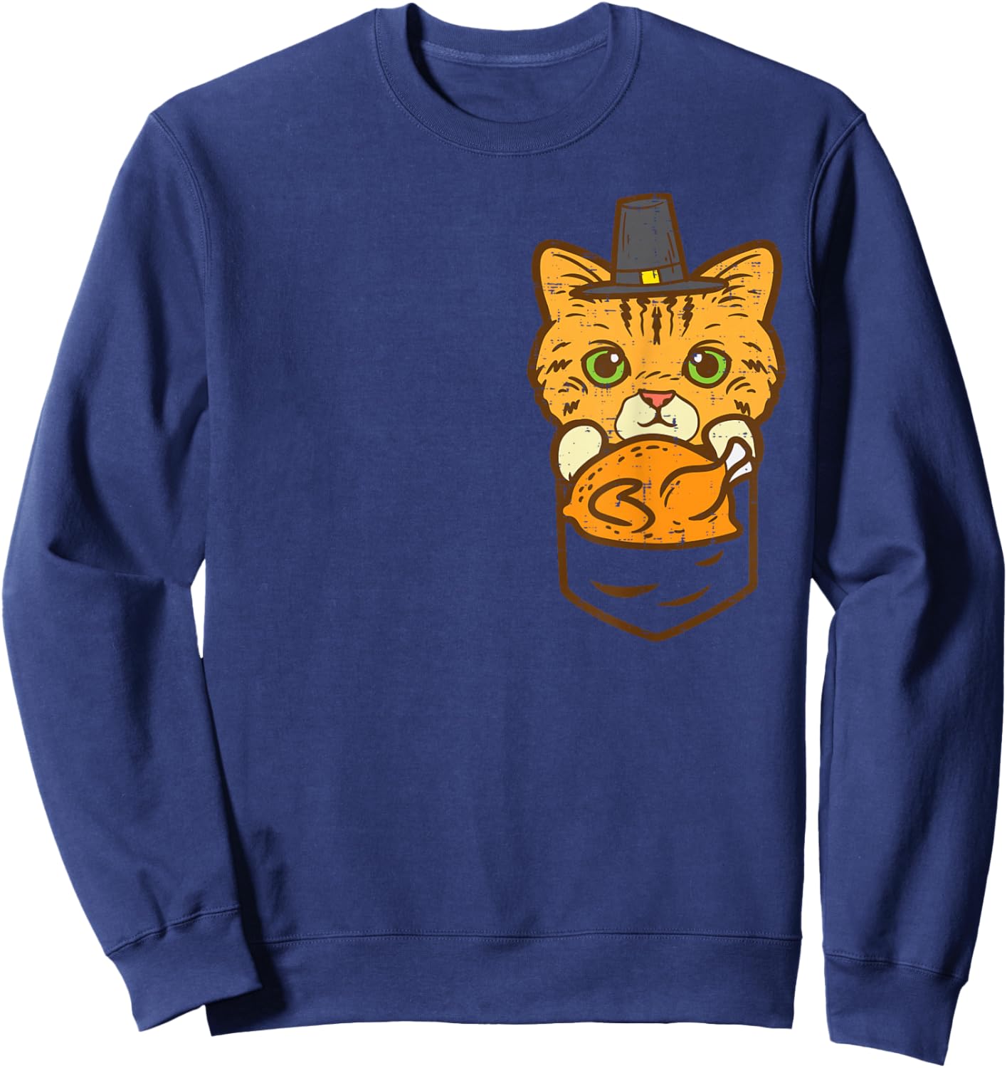 Pocket Pilgrim Cat Turkey Cute Thanksgiving Men Women Kids Sweatshirt - Sweatshirt | Navy