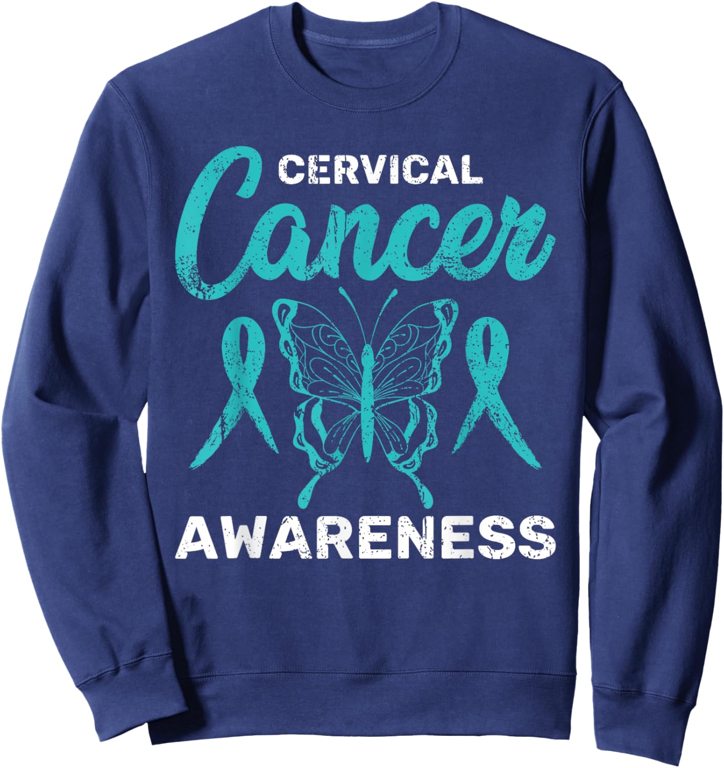 Teal Ribbon Butterfly Cancer Survivor Cervical Cancer Sweatshirt - Sweatshirt | Navy