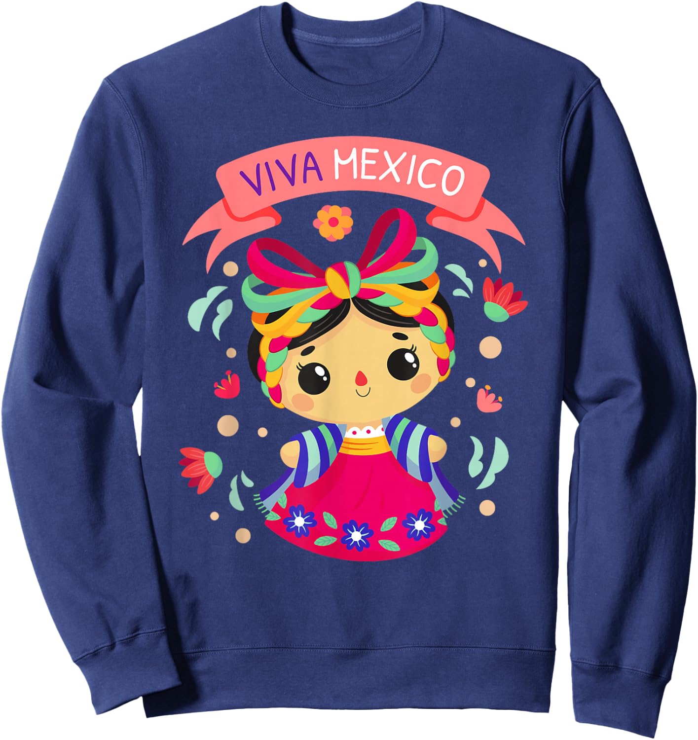 Viva Mexico Shirt Kids Girls Flores Mexican Independence Day Sweatshirt - Sweatshirt | Navy