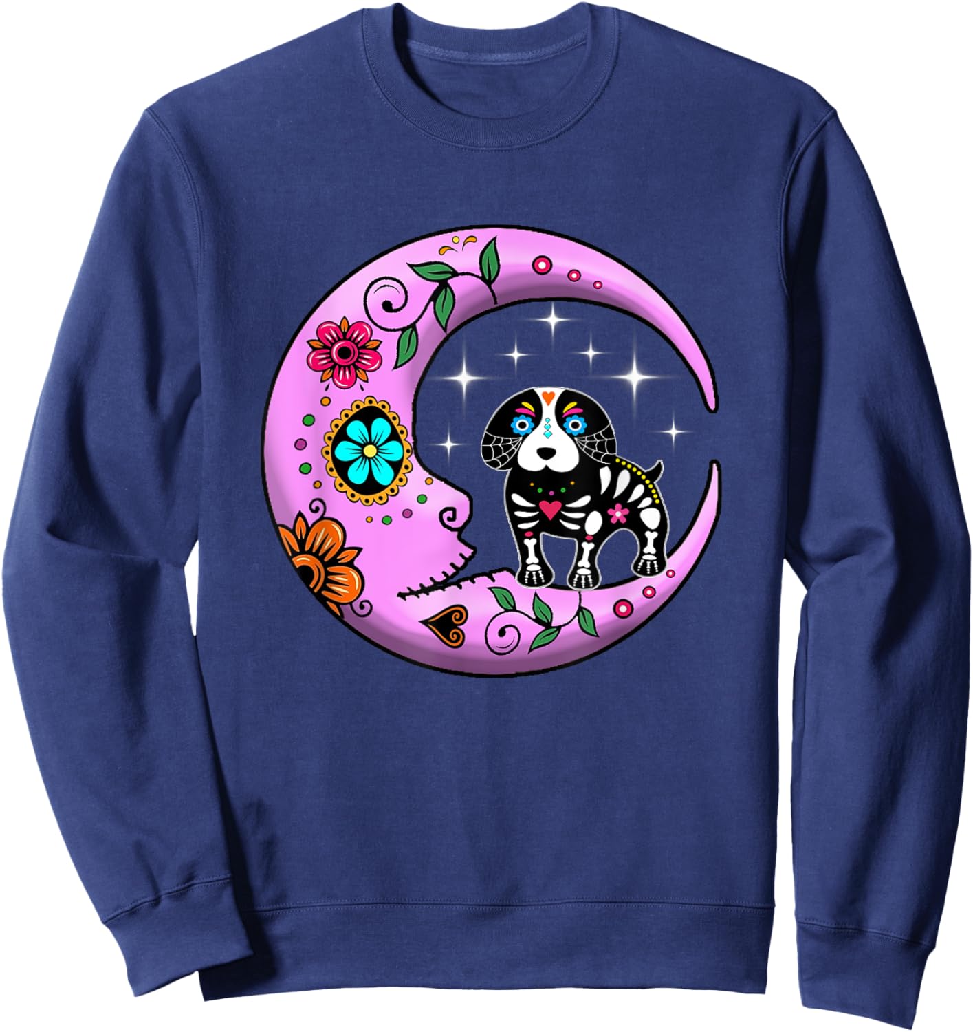 Dog & Moon Sugar Skull Dia de Los Muertos Funny Day Of Dead Sweatshirt - Sweatshirt | Navy
