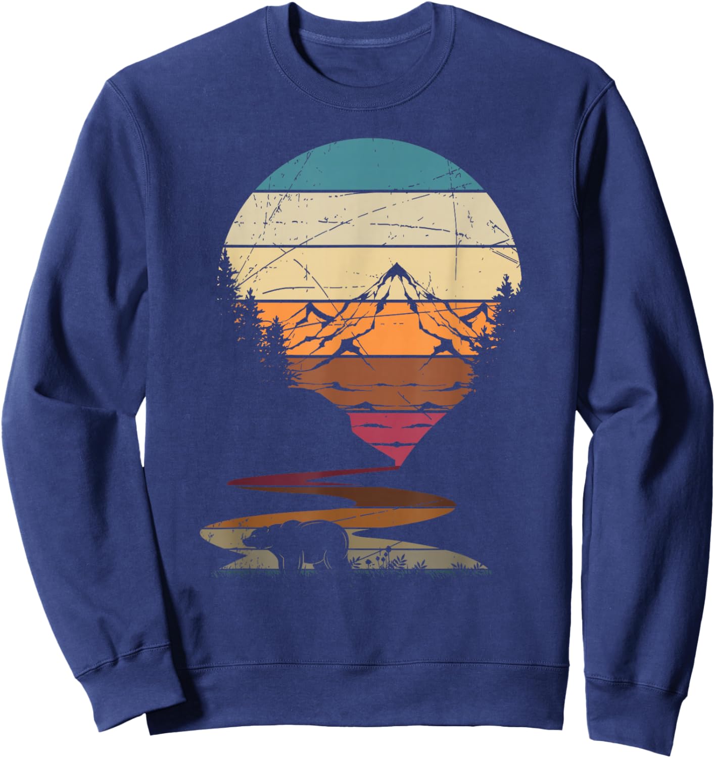 Retro Outdoor Nature Trees Bear Mountains Forest Hiking Sweatshirt - Sweatshirt | Navy