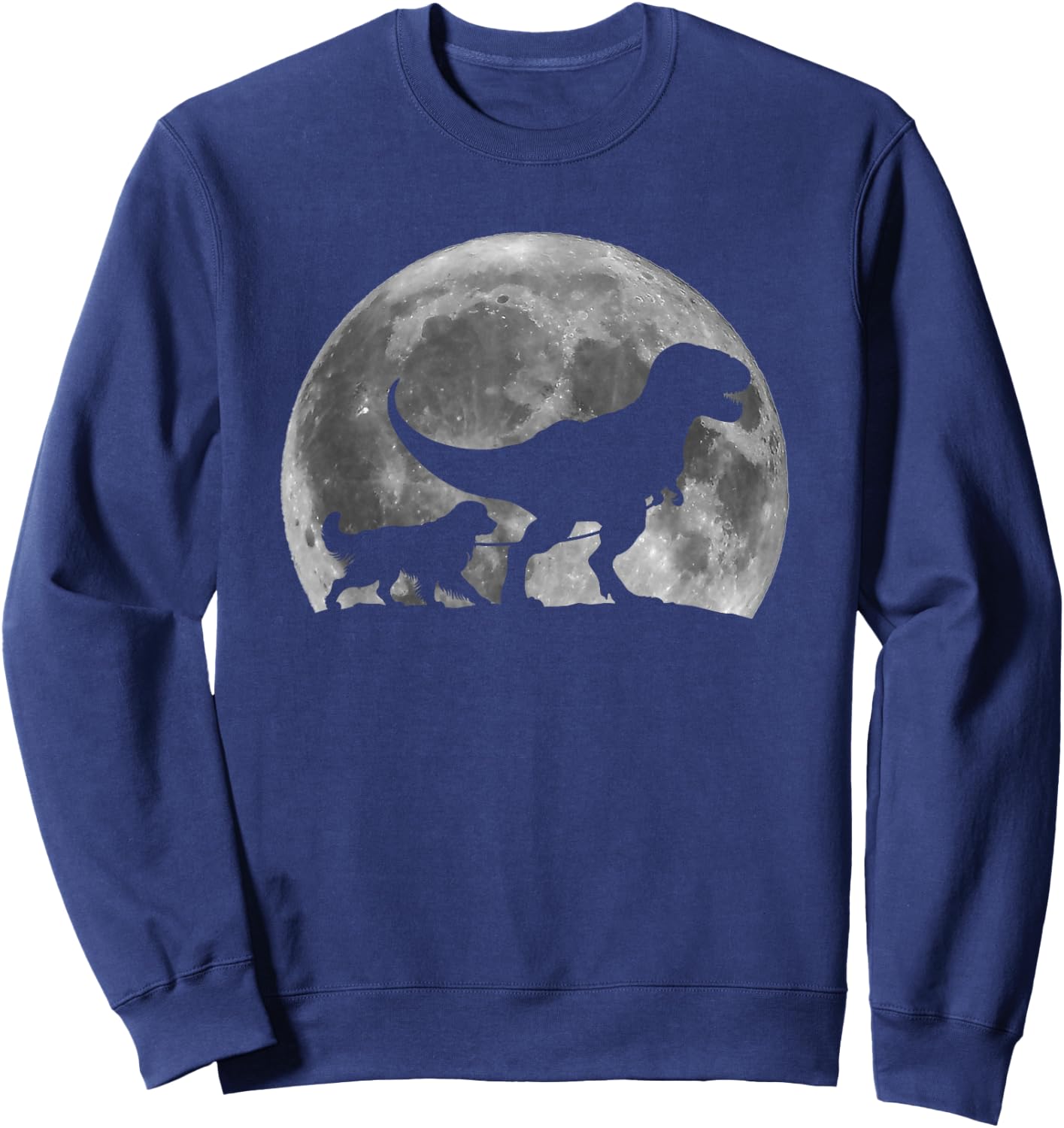 T Rex Walking a Dog Funny Golden Retriever Moon Halloween Sweatshirt - Sweatshirt | Navy