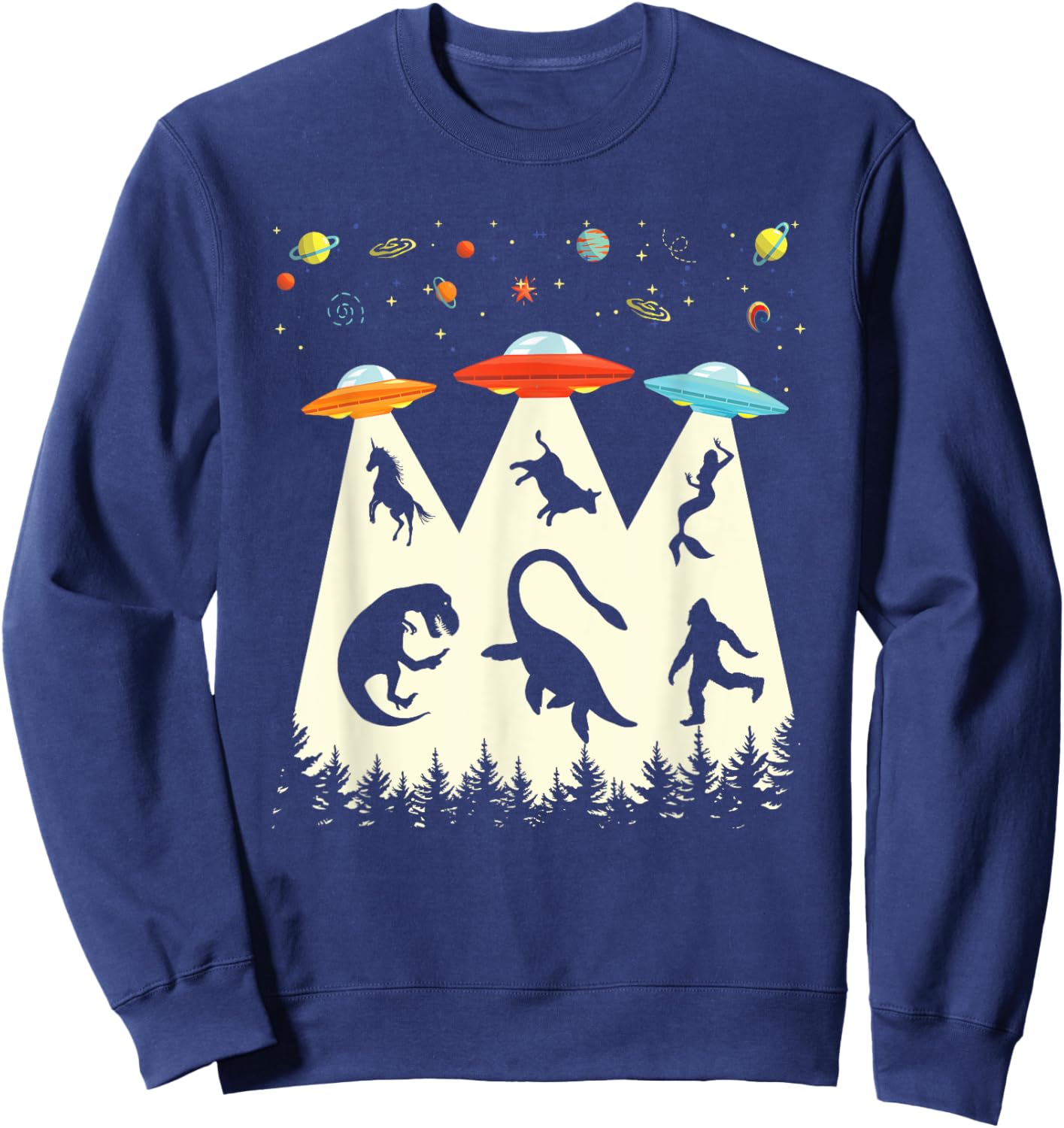 Vintage Alien Abduction T-Rex Loch Ness Bigfoot Funny UFO Sweatshirt - Sweatshirt | Navy