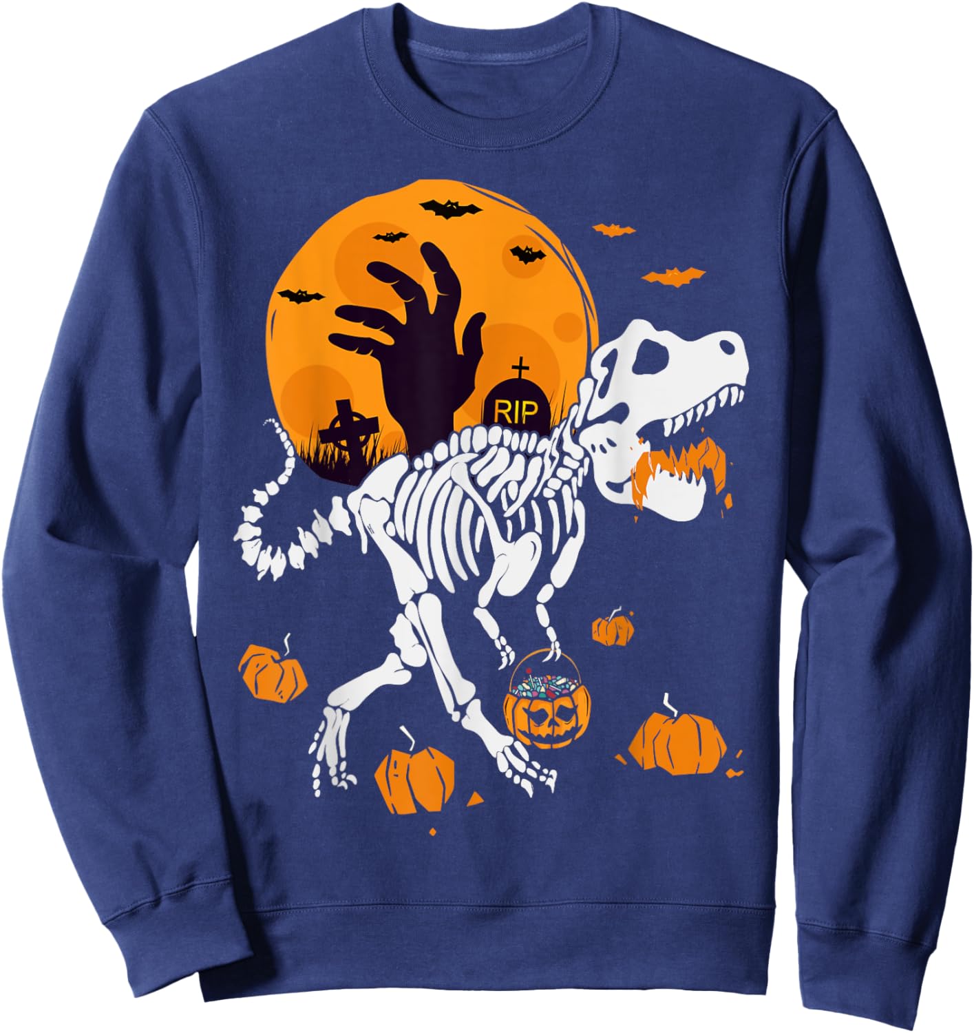 Pumpkin Trex with Moon Halloween Dinosaur Skeleton Sweatshirt - Sweatshirt | Navy