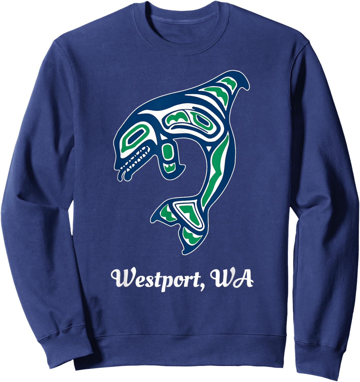 Blue Green Native American Westport WA Orca Killer Whale Sweatshirt - Sweatshirt | Navy