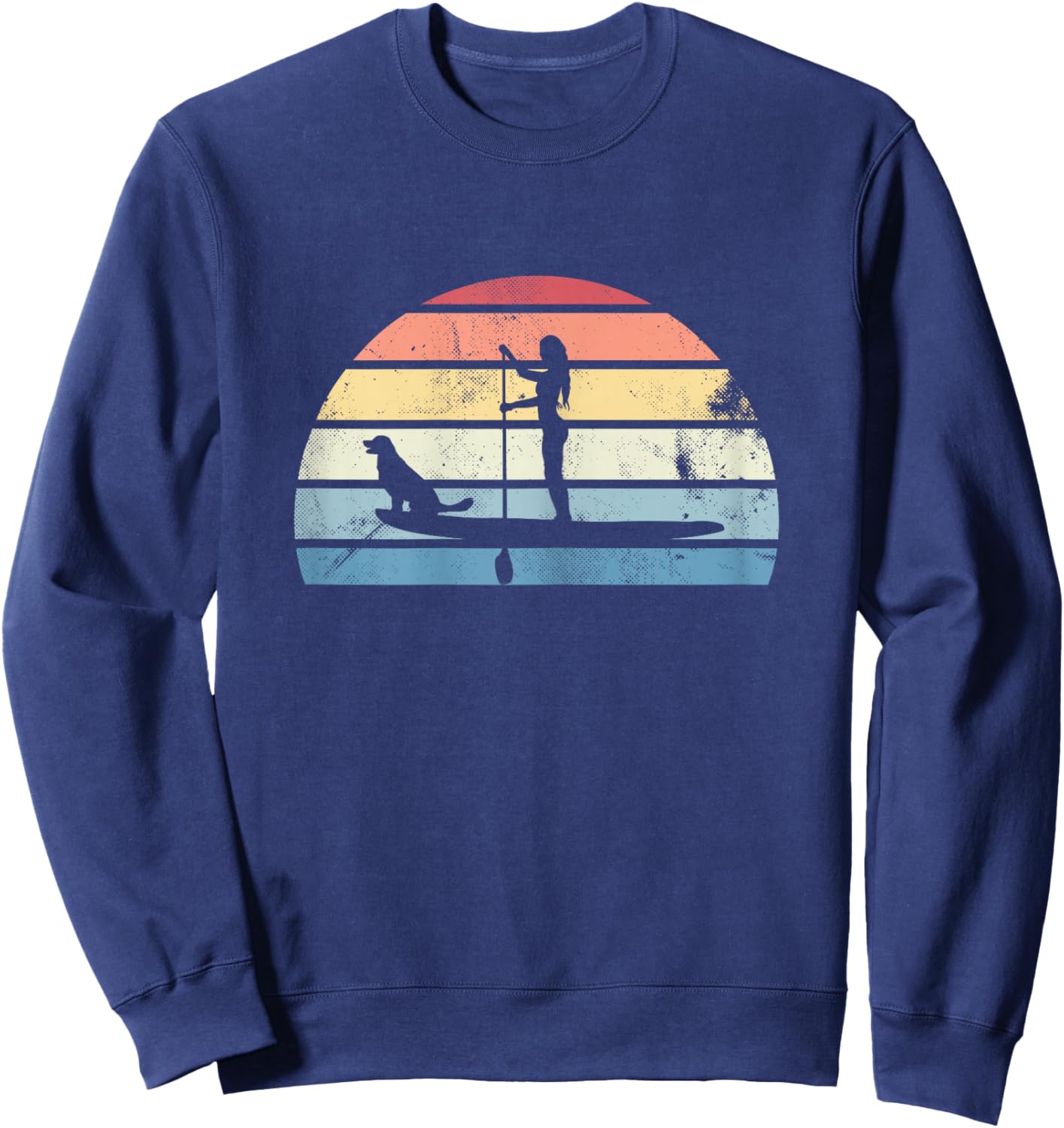 Retro Paddleboarding Girl with Dog Sunset Gift Sweatshirt - Sweatshirt | Navy