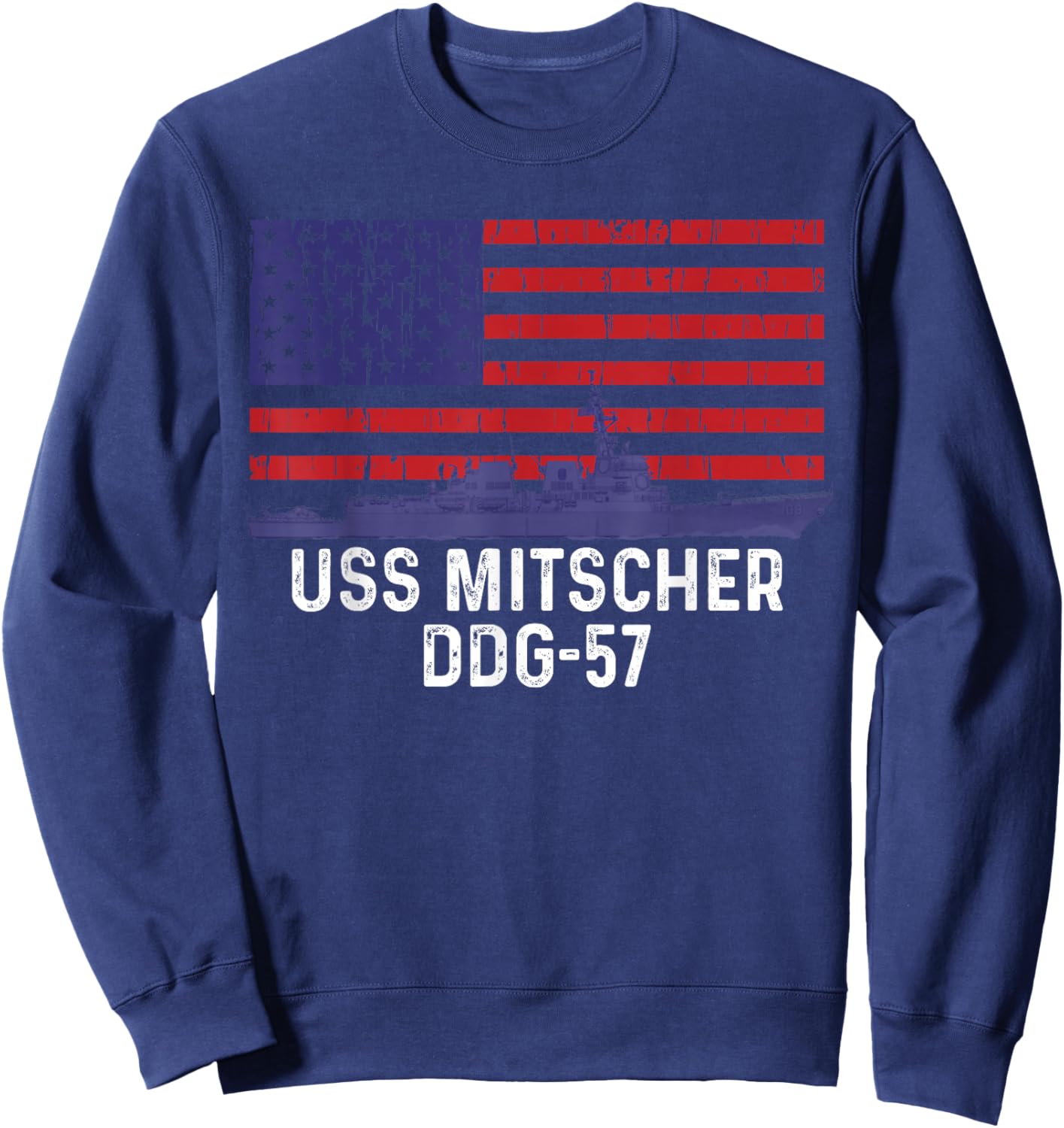 American Flag USS Mitscher DDG-57 Destroyer Sweatshirt - Sweatshirt | Navy