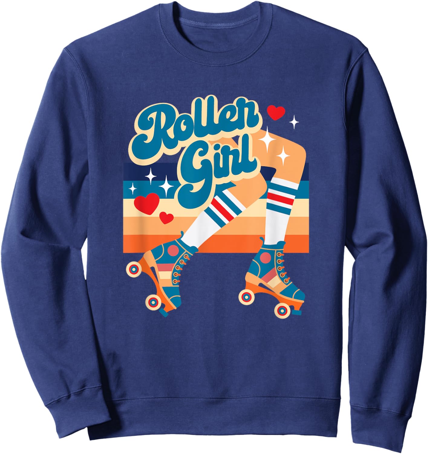 Retro Vintage Roller Girl Roller Skates w Hearts And Stripes Sweatshirt - Sweatshirt | Navy