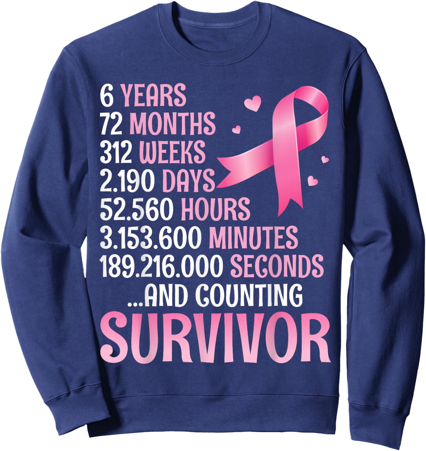 6 Years 72 Months Fighting Breast Cancer Counting Survivor Sweatshirt - Sweatshirt | Navy