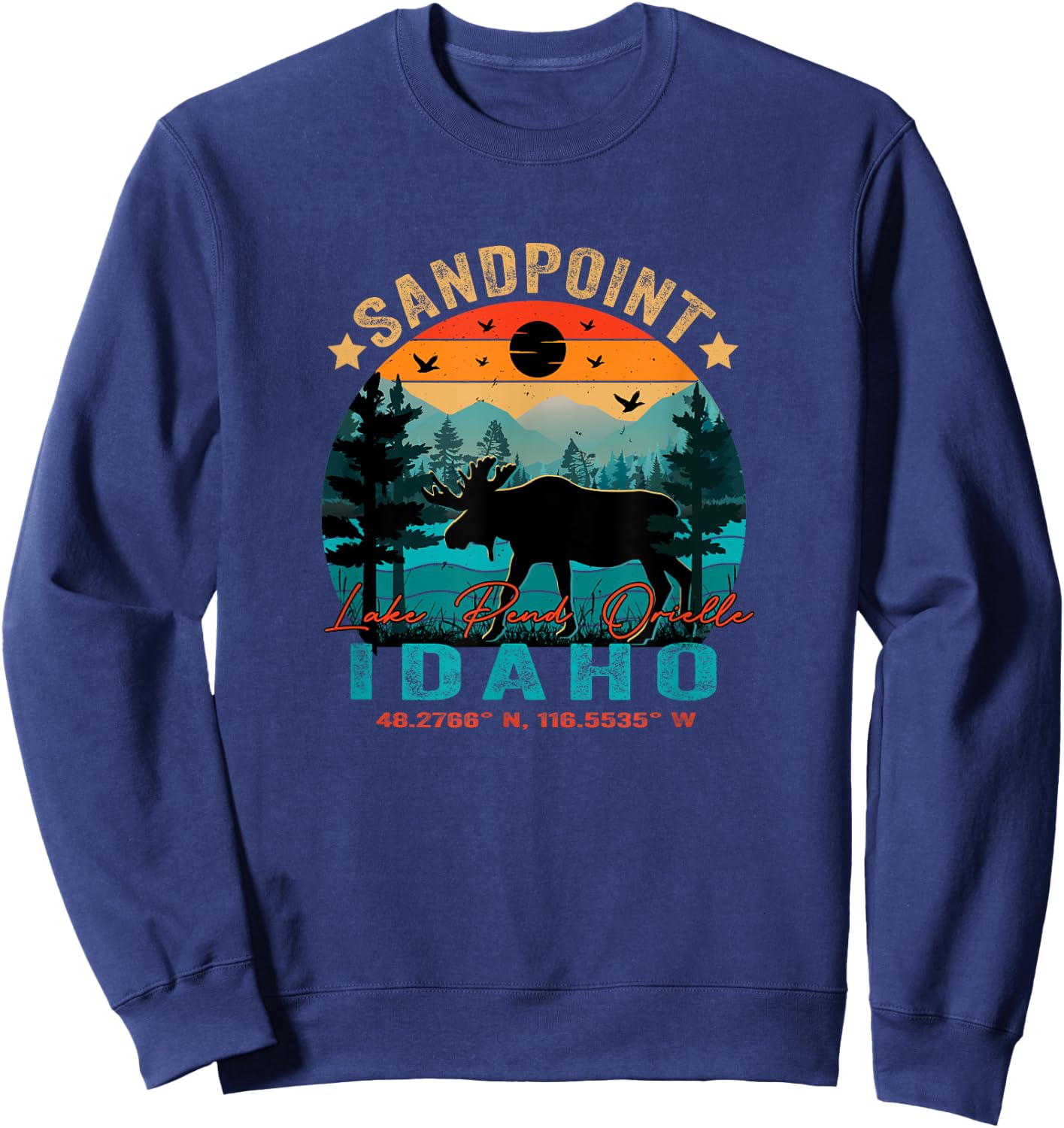 Sandpoint Idaho ID Retro Sunset Vintage Moose Mountains Sweatshirt - Sweatshirt | Navy