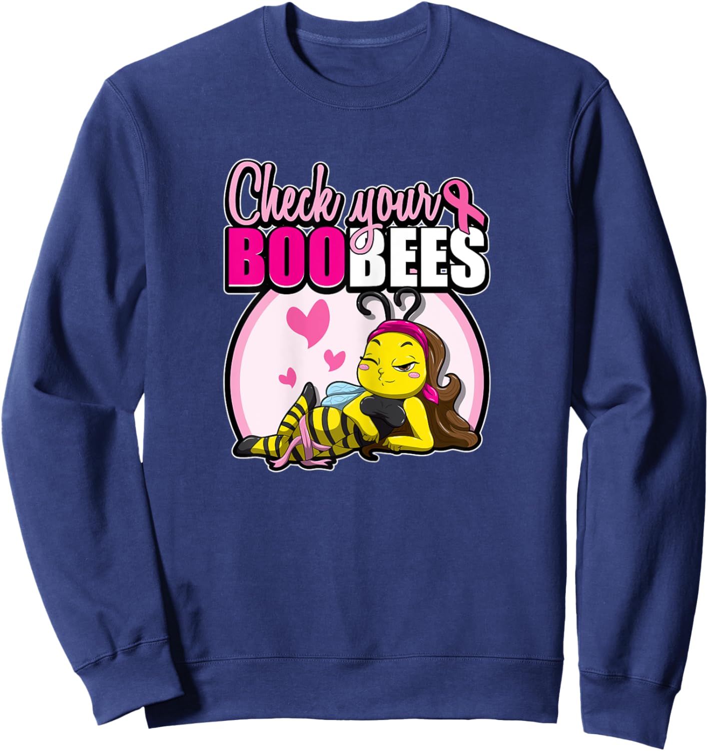 Breast Cancer Awareness Bee Pink Ribbon Check Your Boobees Sweatshirt - Sweatshirt | Navy