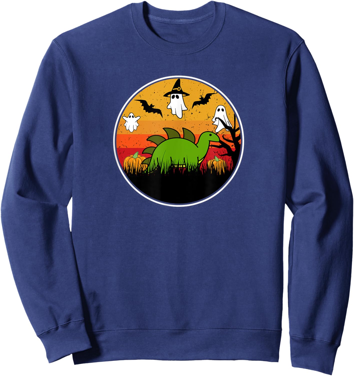 Stegosaurus Dinosaur Dino Pumpkin Patch Bat Ghost Kawaii Sweatshirt - Sweatshirt | Navy