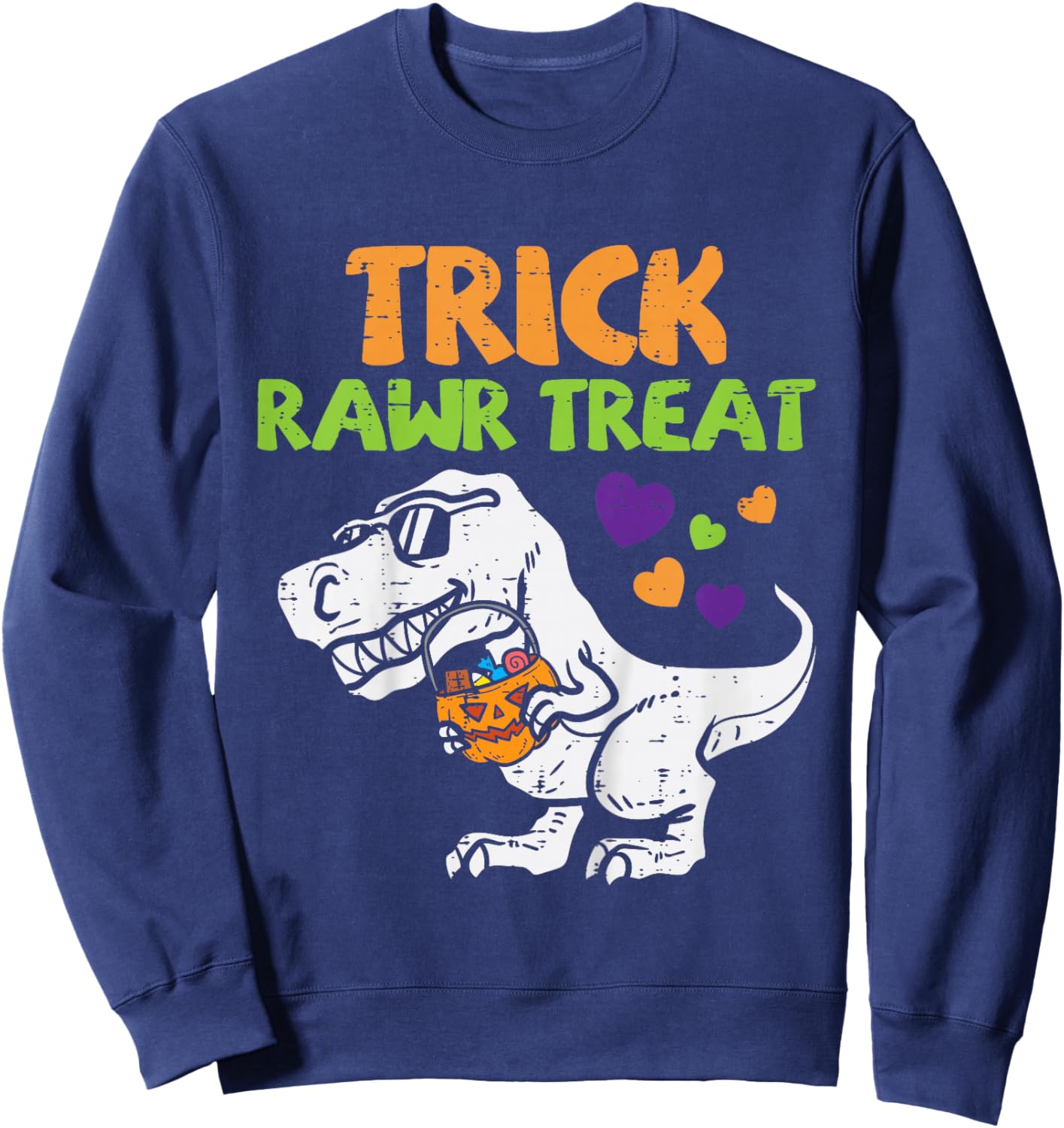 Kids Trick Rawr Treat Dinosaur Trex Toddler Boys Halloween Kids Sweatshirt - Sweatshirt | Navy