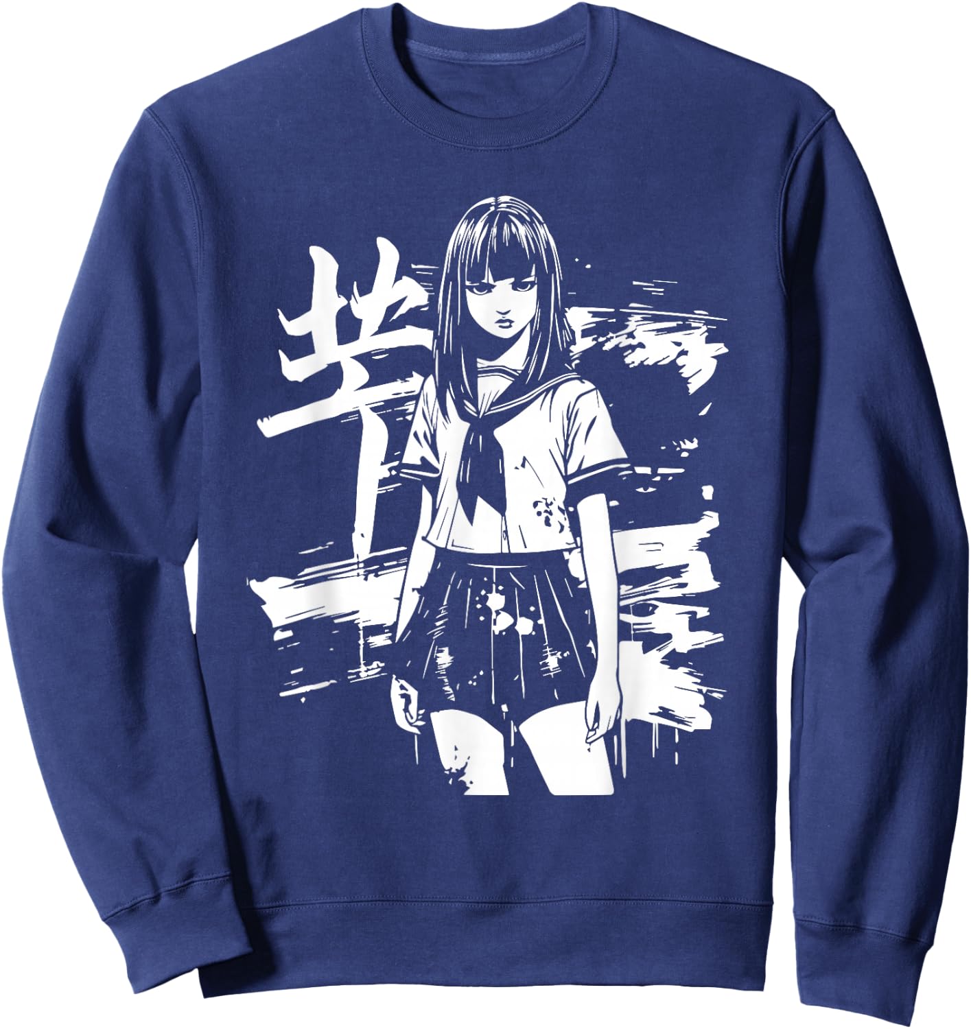Anime Horror Girl Aesthetic Soft Grunge Waifu Japanese Otaku Sweatshirt - Sweatshirt | Navy