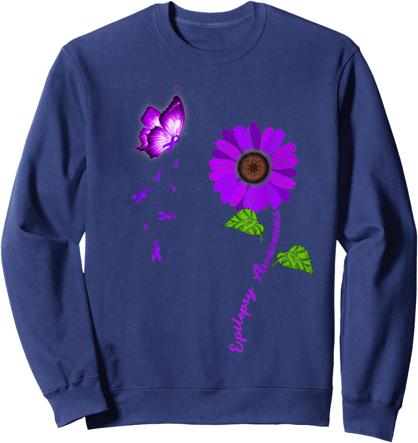 Epilepsy Awareness Purple Butterfly Sunflower Ribbon Sweatshirt - Sweatshirt | Navy