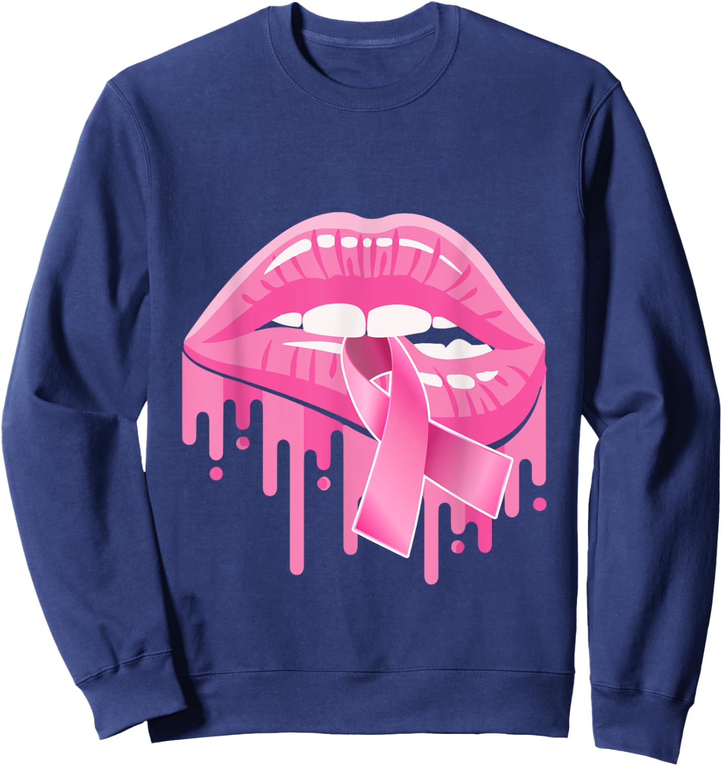 Breast Cancer Awareness Women Sexy Lips Pink Ribbon Sweatshirt - Sweatshirt | Navy