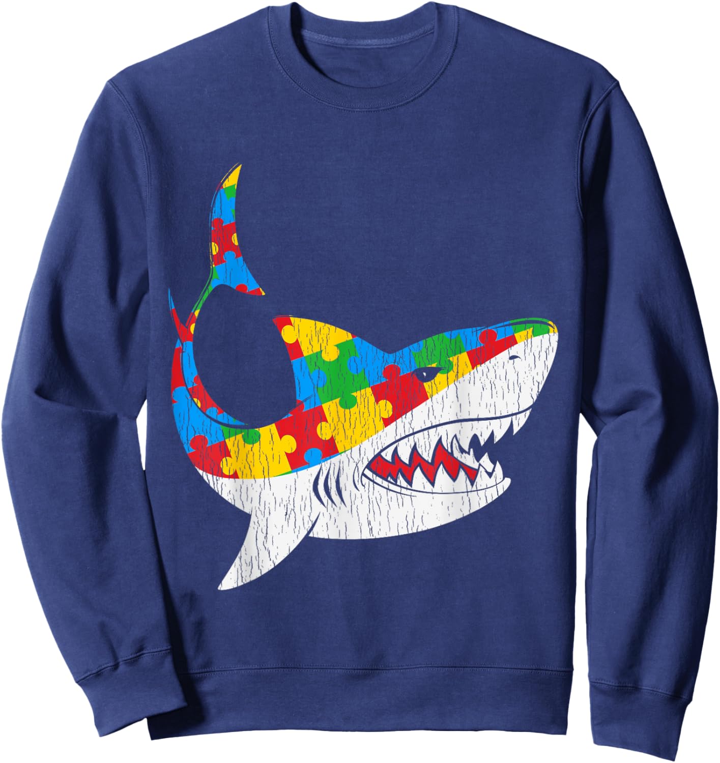 Vintage Shark Puzzle Autistic Kids Autism Awareness Shark Sweatshirt - Sweatshirt | Navy