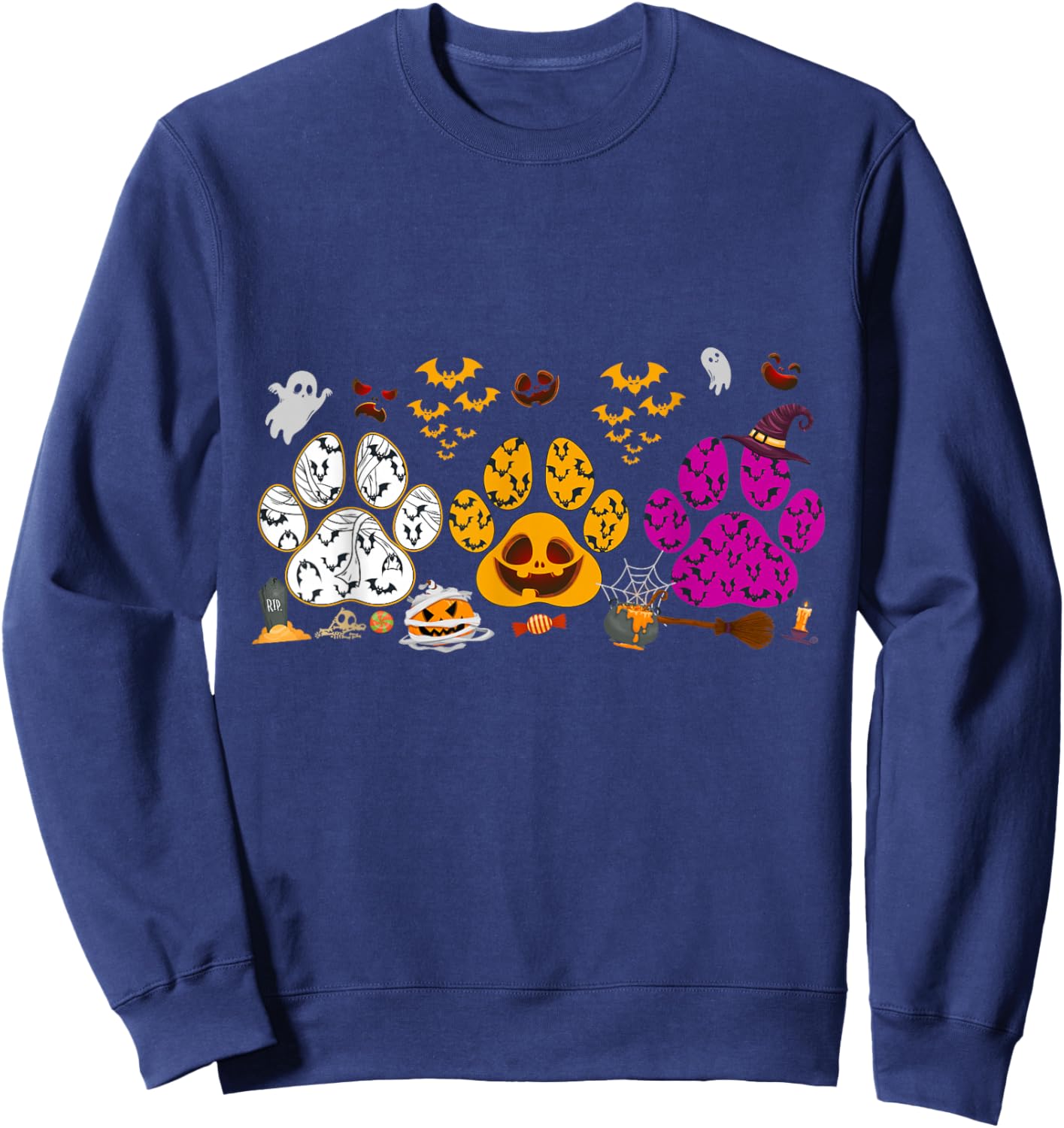 Funny Paw Print Halloween Dog Candy Pumpkin Ghost Dog Lovers Sweatshirt - Sweatshirt | Navy