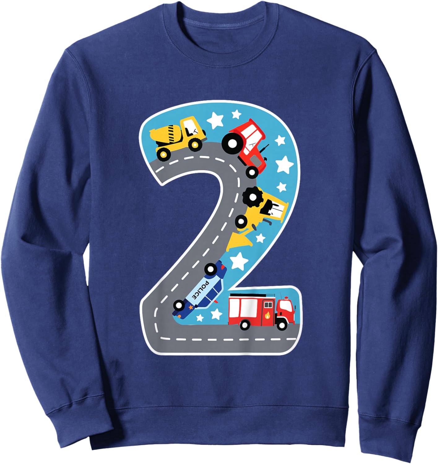 Boys Construction Machines Fire Brigade Police 2nd Birthday Sweatshirt - Sweatshirt | Navy