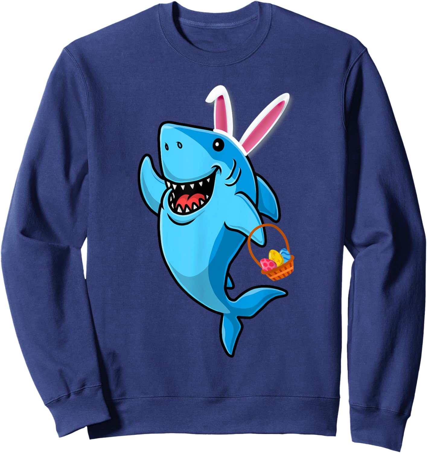 Cute Shark with Easter Basket and Bunny Ears Happy Easter Sweatshirt - Sweatshirt | Navy