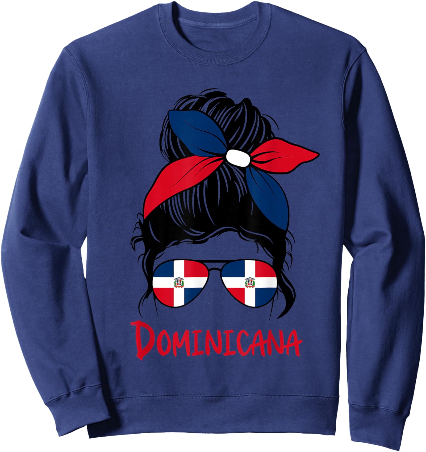 Dominican girl messy bun with sunglasses bow in Dominicana Sweatshirt - Sweatshirt | Navy