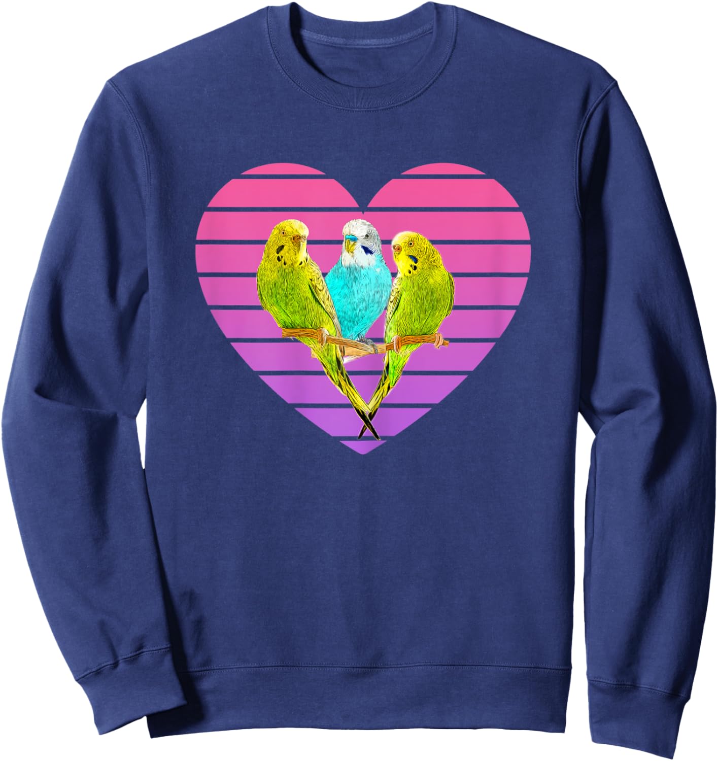 Three Parakeets Inside a Retro Sunset Style Heart Sweatshirt - Sweatshirt | Navy