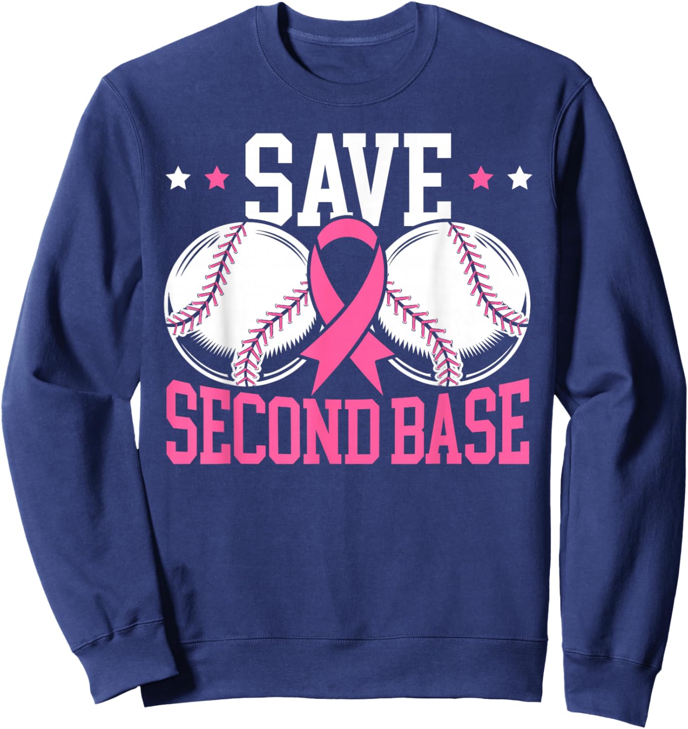 Save 2nd Base Baseball Player Breast Cancer Awareness Sweatshirt - Sweatshirt | Navy