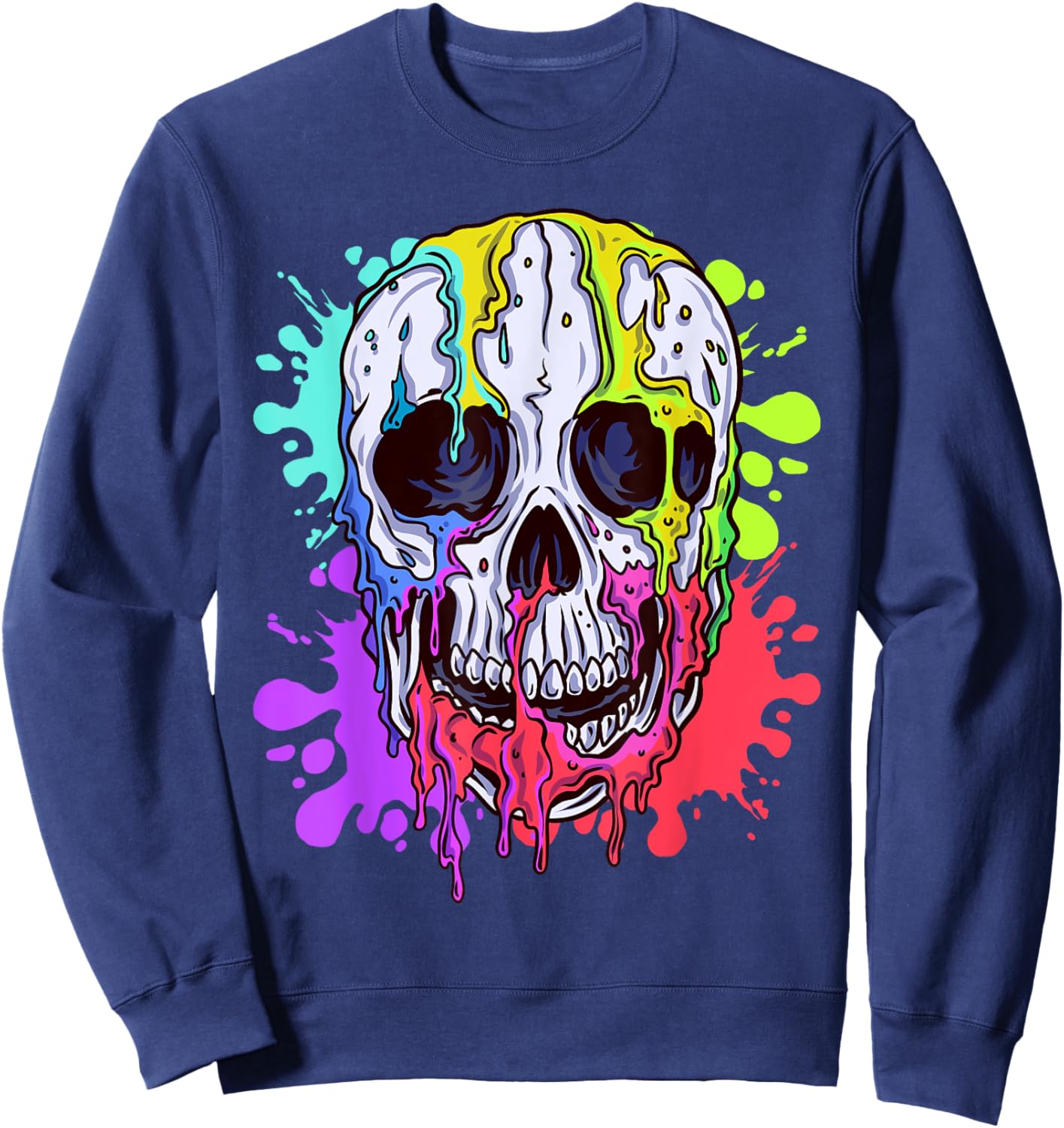 Melting Skull Colorful Paint Drip Graphic Sweatshirt - Sweatshirt | Navy