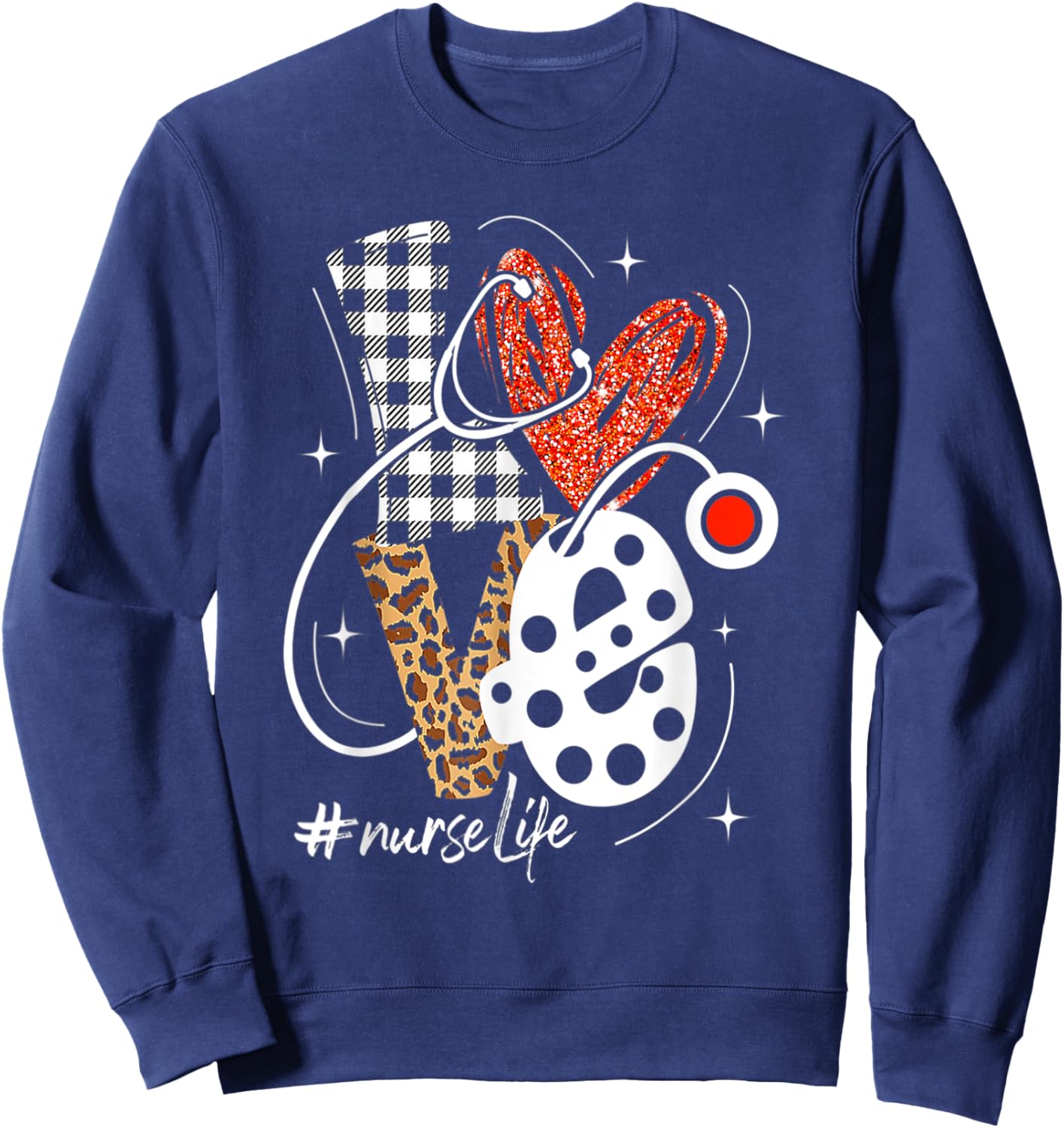 Nurse Life RN LPN CNA Healthcare Cheetah Heart Leopard Funny Sweatshirt - Sweatshirt | Navy
