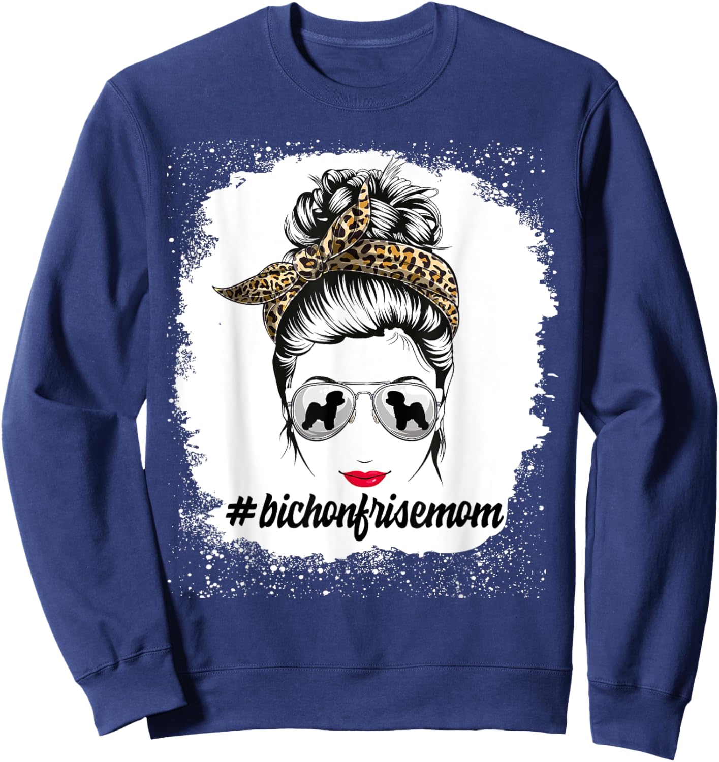 Bichon Frise Dog Mom Bleached Messy Bun Leopard Women Sweatshirt - Sweatshirt | Navy