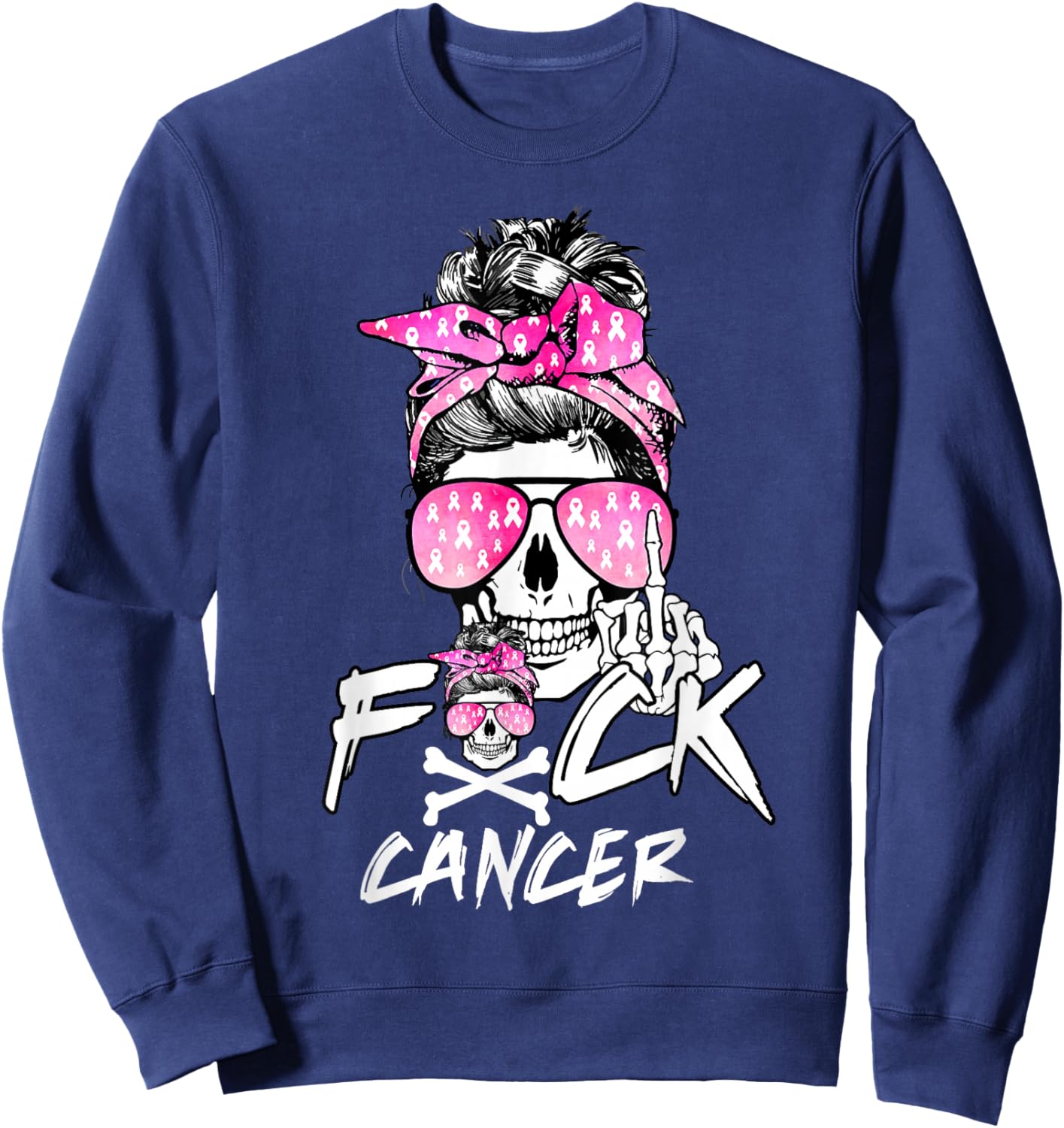 Fuck Breast Cancer Women Warrior Pink Ribbon Messy Bun Hair Sweatshirt - Sweatshirt | Navy