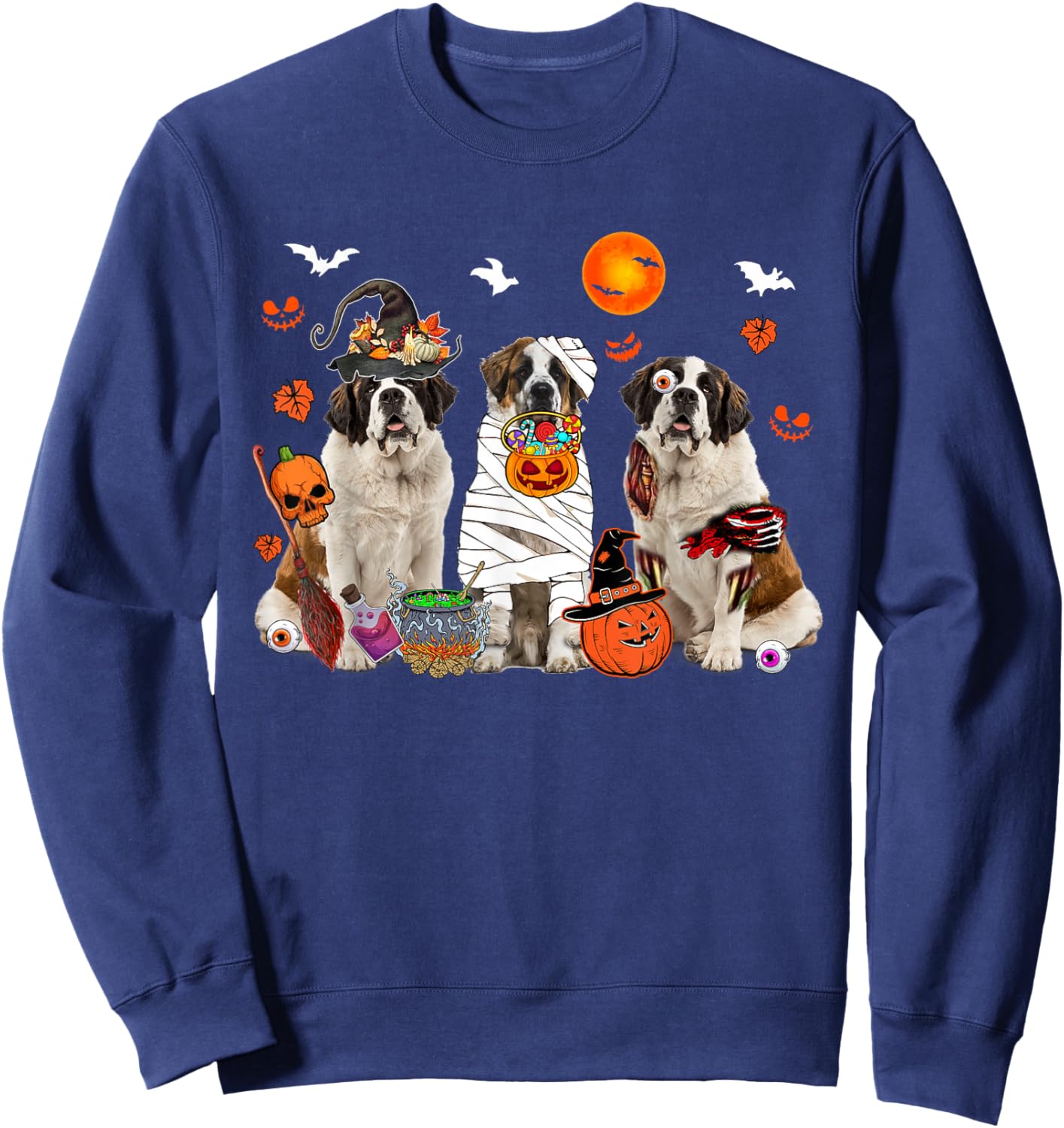 Three St. Bernard Dogs Witch Scary Mummy Halloween Zombie Sweatshirt - Sweatshirt | Navy