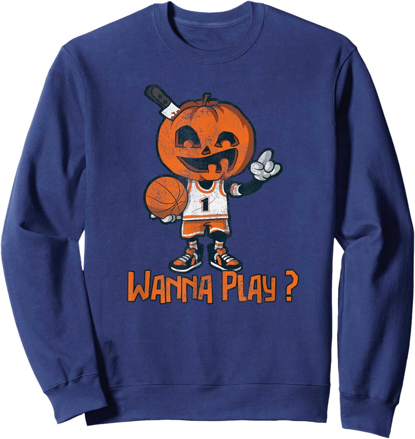 Pumpkin, Wanna Play?, Dead Zombie Basketball Player Sweatshirt - Sweatshirt | Navy