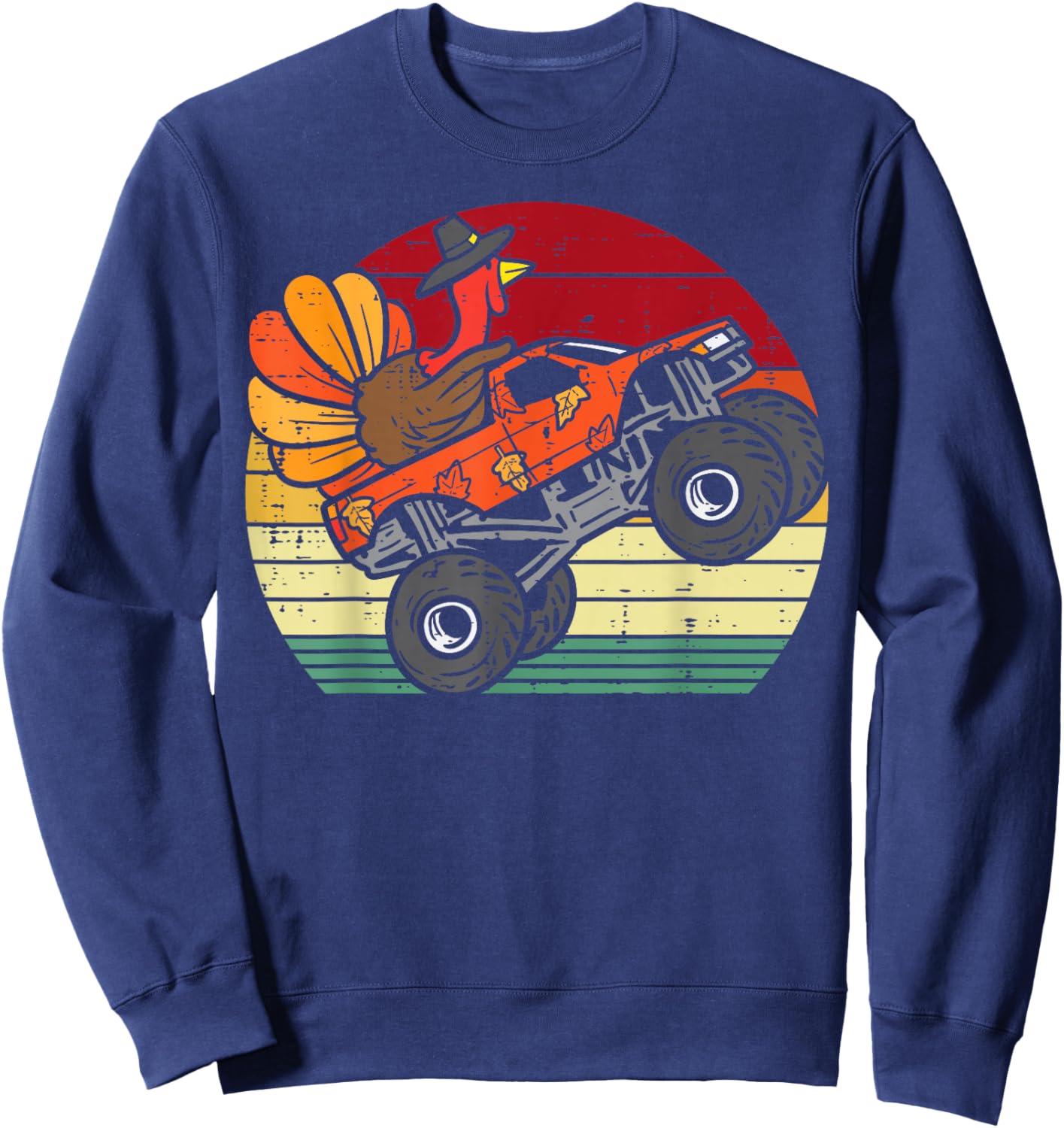 Monster Truck Turkey Sunset Retro Thanksgiving Boys Kids Sweatshirt - Sweatshirt | Navy