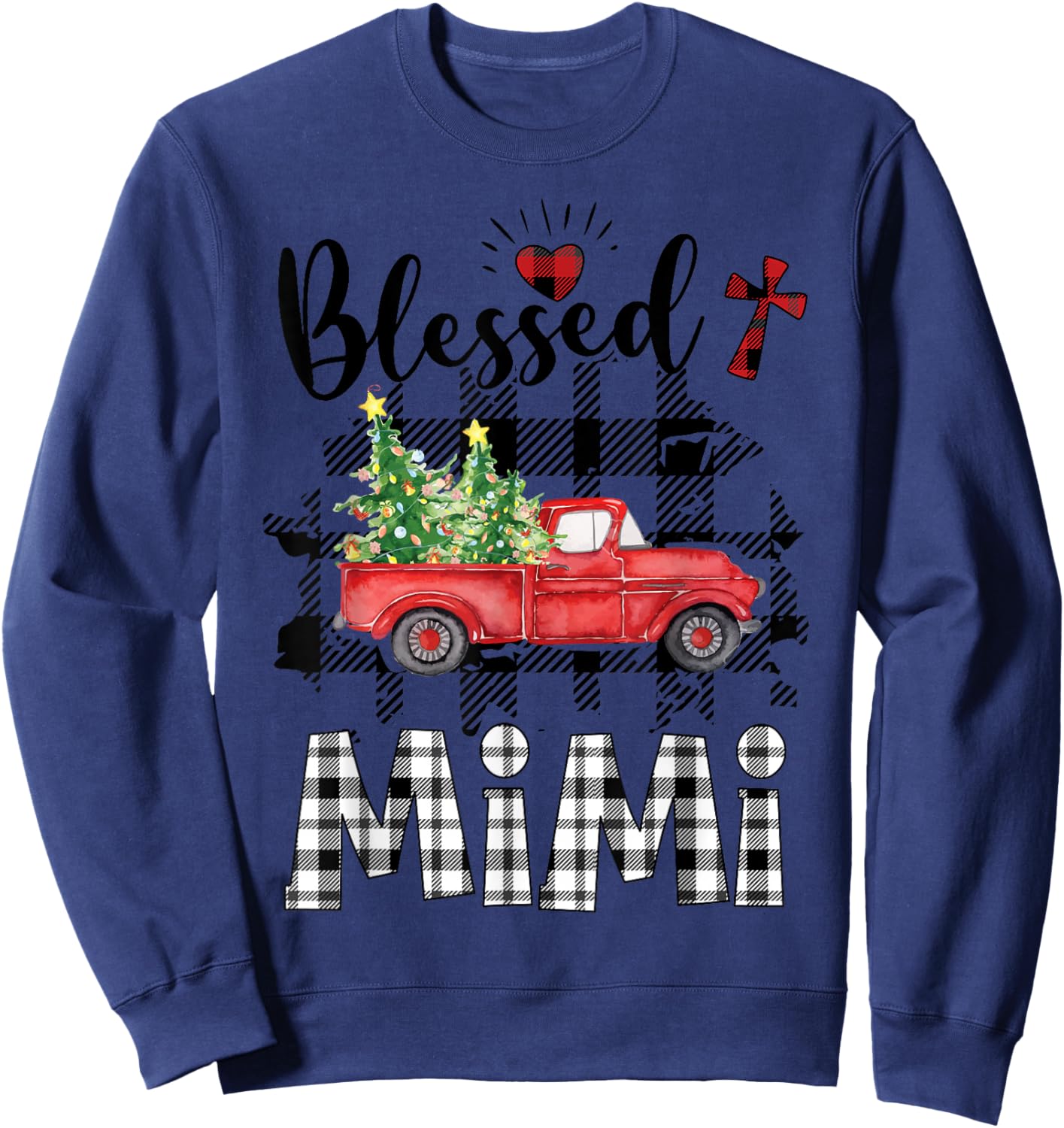 Funny Blessed Mimi Claus Buffalo Plaid Red Truck Christmas Sweatshirt - Sweatshirt | Navy