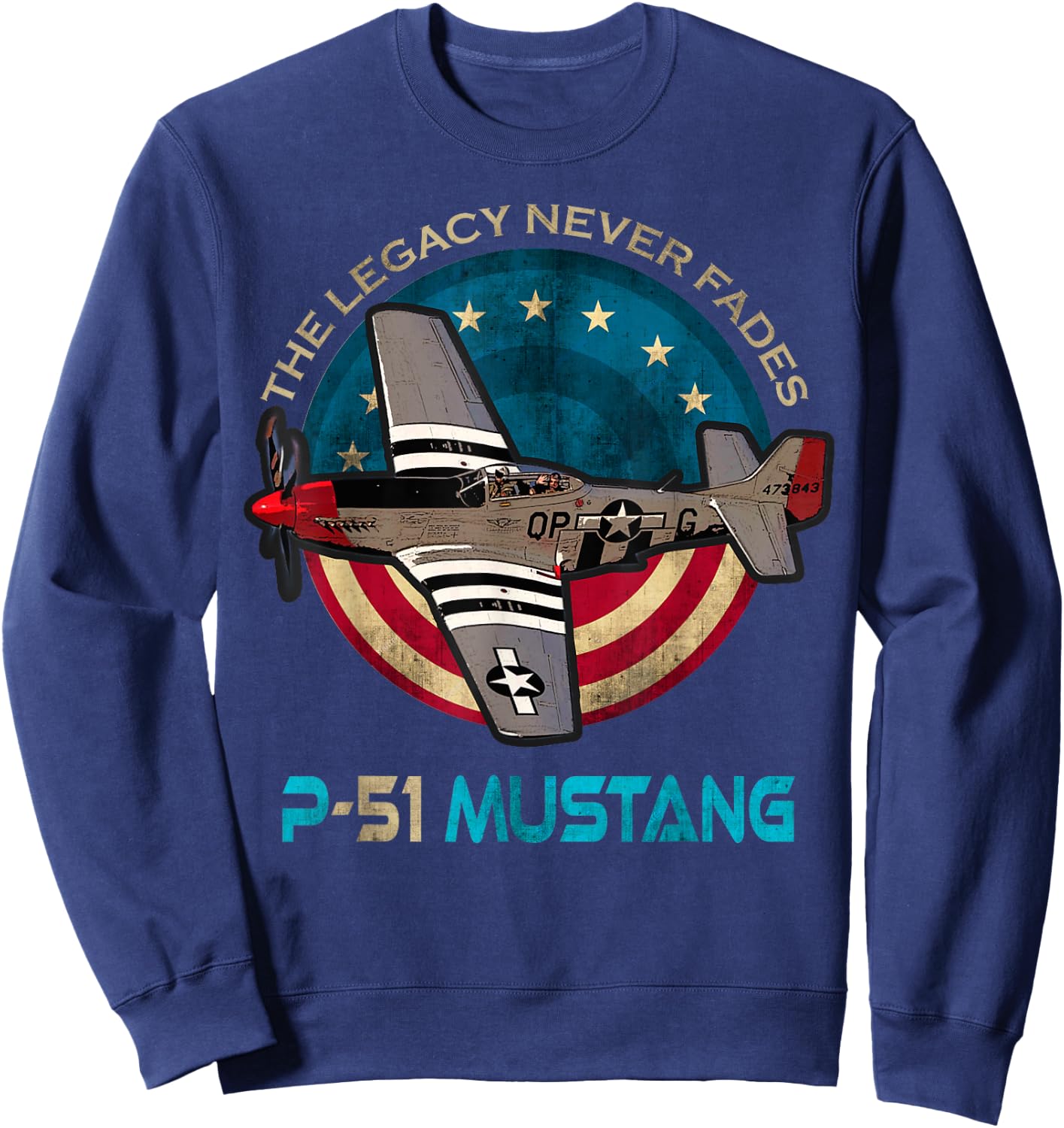 P-51 Mustang WW2 Fighter American Patriotic 4th of July Flag Sweatshirt - Sweatshirt | Navy
