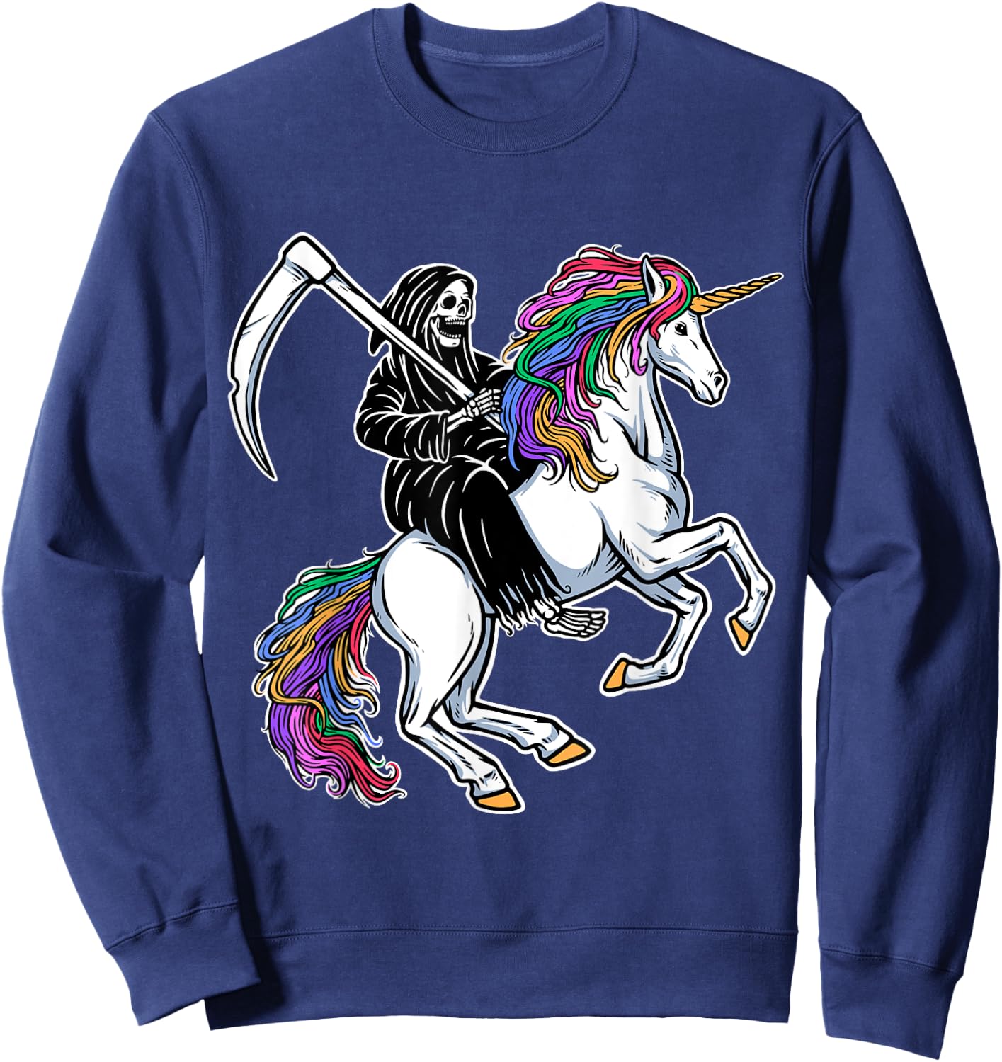 Grim Reaper Riding Unicorn Rainbow Skeleton Halloween Sweatshirt - Sweatshirt | Navy