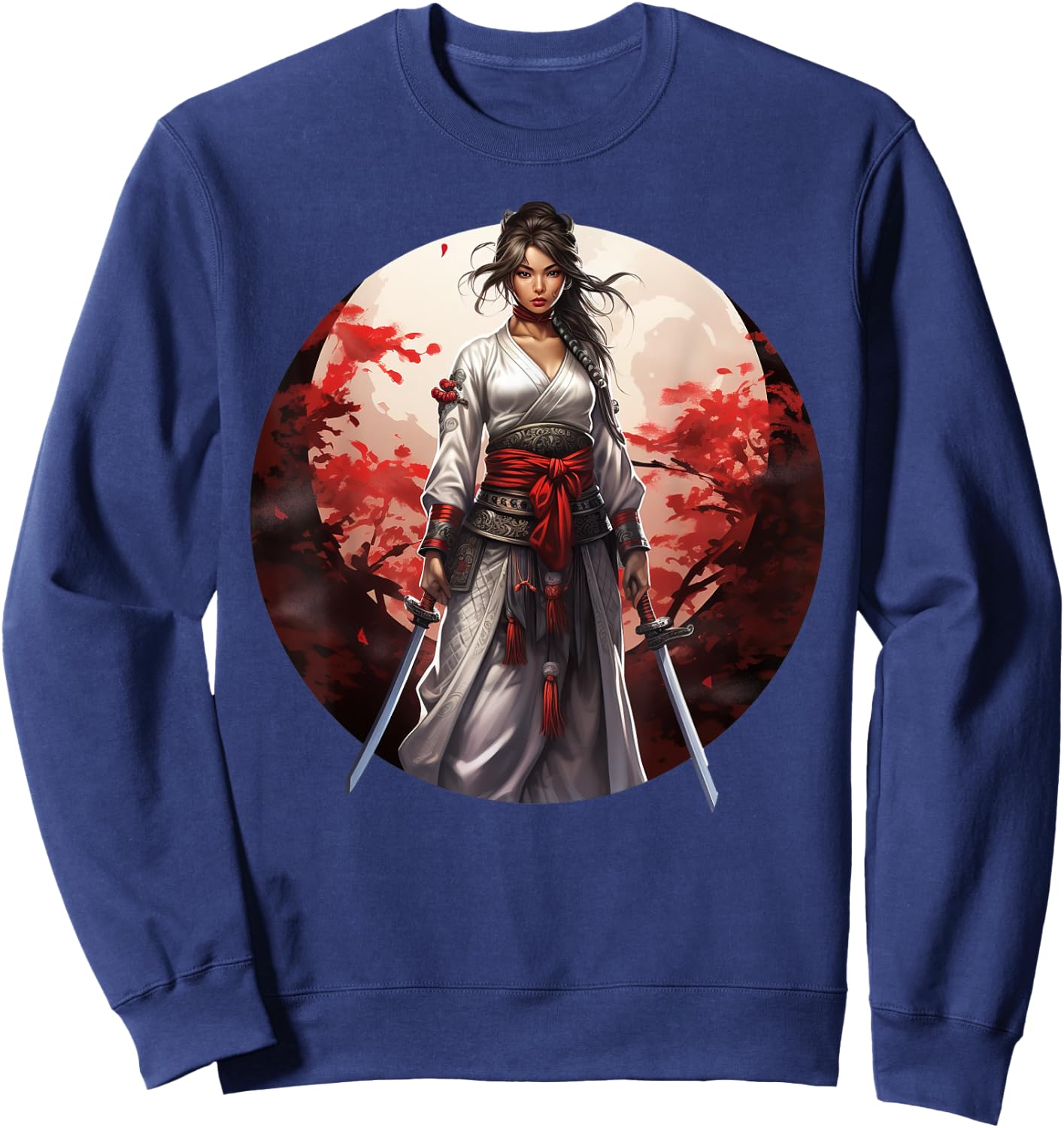 Japanese Samurai Girl Vintage Retro Sakura Cherry Blossom Sweatshirt - Sweatshirt | Navy