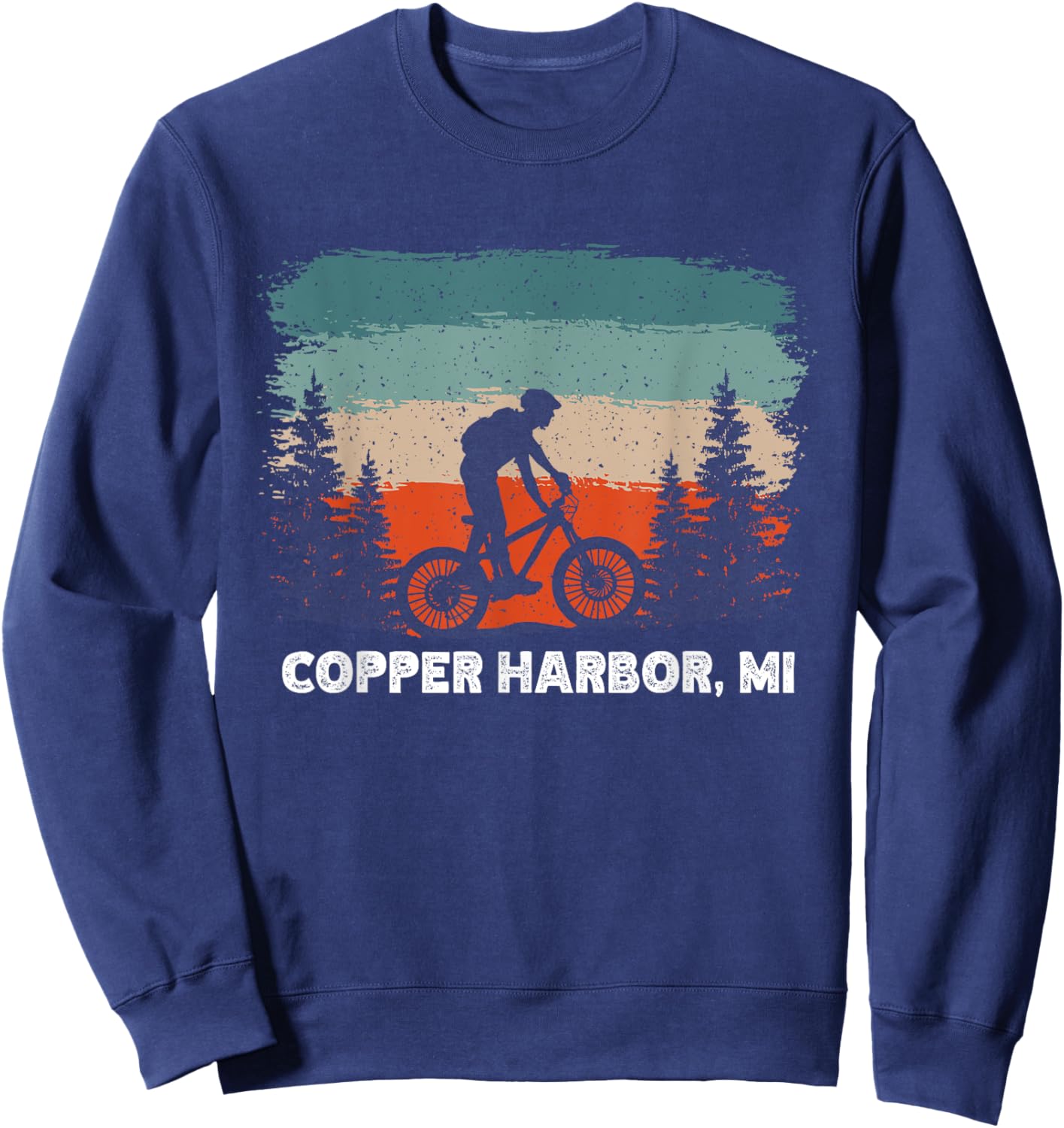 Mountain Bike Retro Sunset Vintage Copper Harbor, MI Sweatshirt - Sweatshirt | Navy