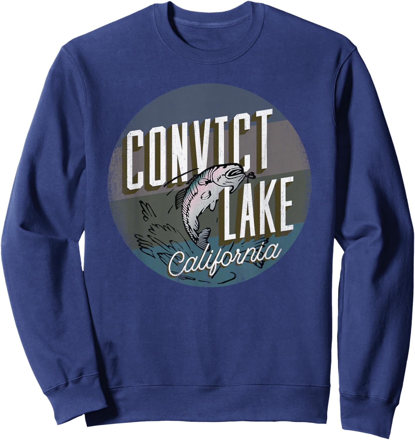 Convict Lake CA Rainbow Trout Fishing Retro Leaping Fish Sweatshirt - Sweatshirt | Navy